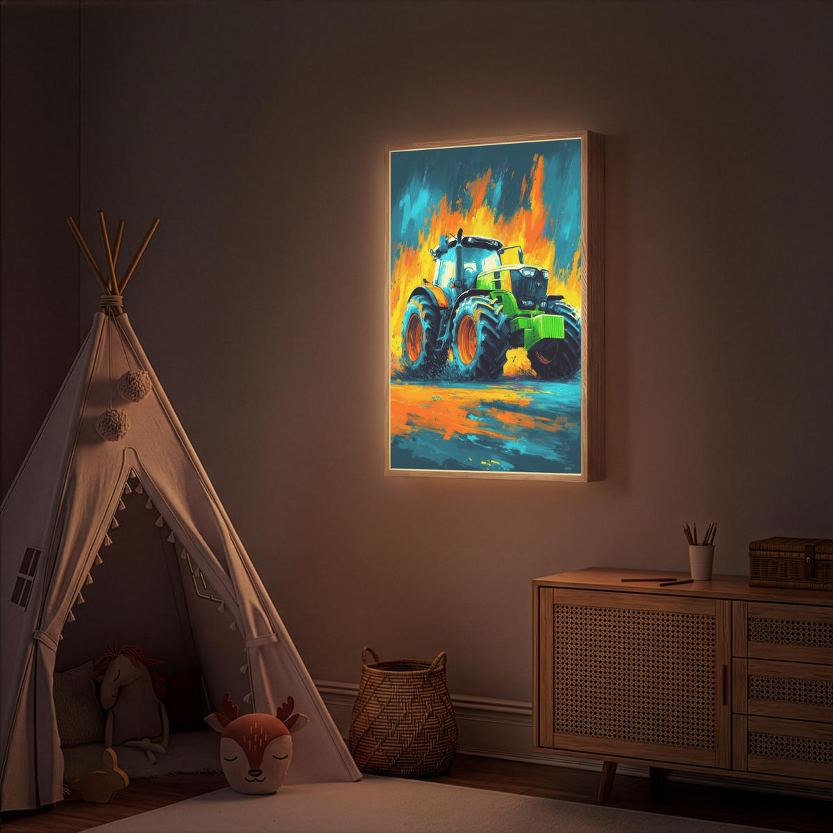 DOBÍJECÍ NOČNÍ LAMPIČKA Abstrakt - Traktor - Zelený 60x90 cm - tmavě modrá, kompozitní dřevo (8/60/90cm) - OnlyWow