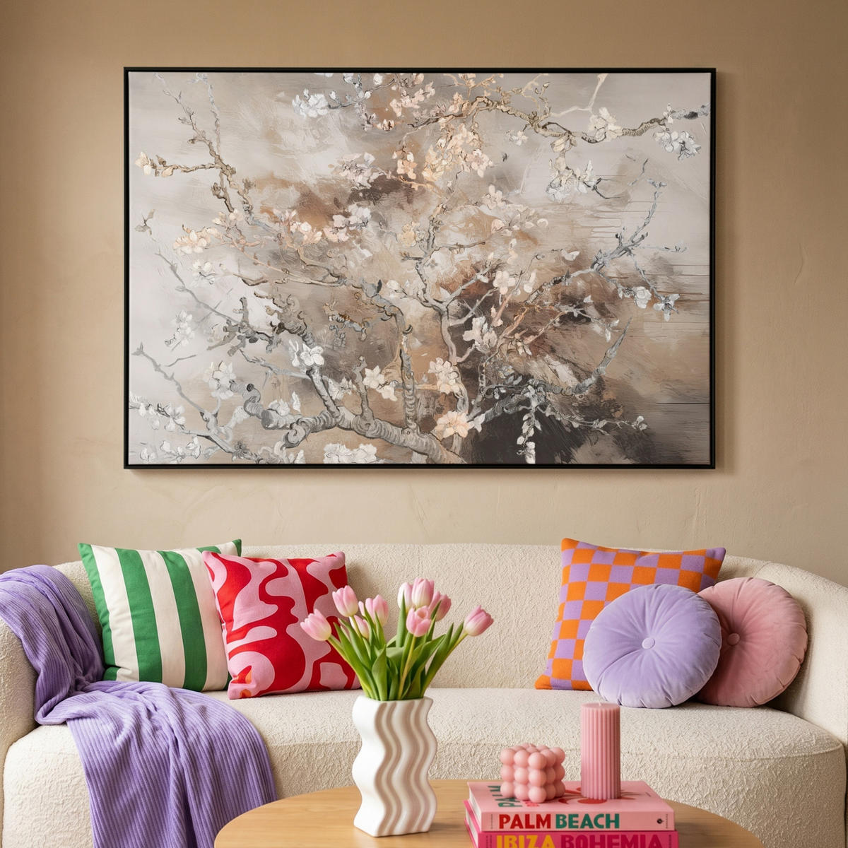 LEINWAND Bilder mit Rahmen - Mandelblüte - Kunst - Van Gogh - Beige - Abstrakt - 150x100 - Braun, Textil (150/100cm) - MuchoWow