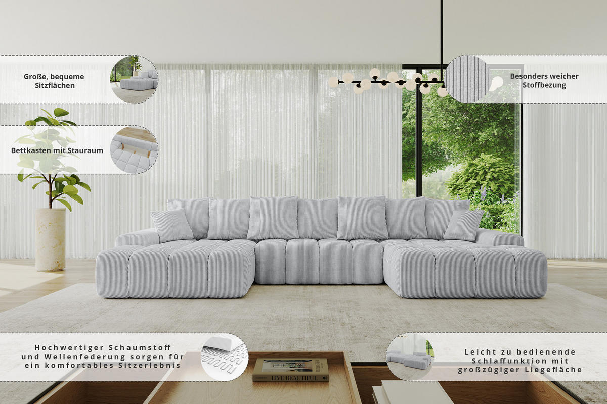 WOHNLANDSCHAFT ENSI-U - 353x164x88 cm Weiß - Weiß, Holzwerkstoff/Kunststoff (357/69/164cm) - ALTDECOR