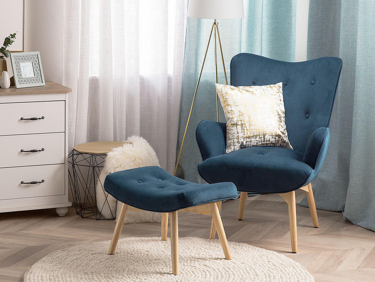 SESSEL Samtstoff blau mit Hocker Vejle - Hellbraun/Blau, Textil (81/100/78cm) - Beliani