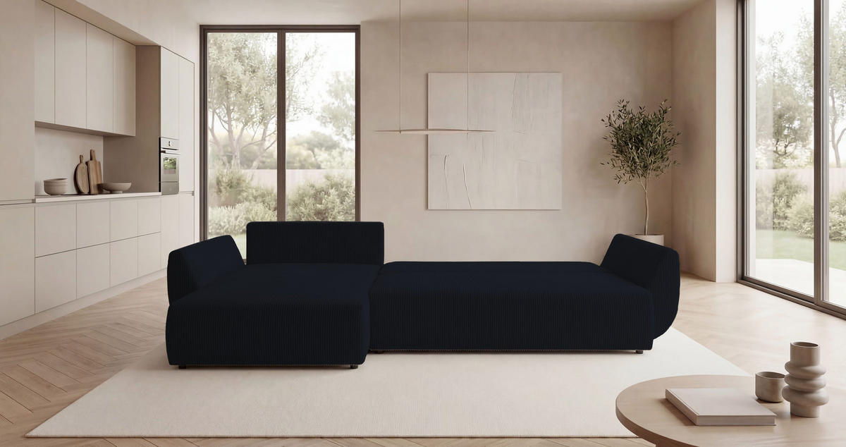 ECKSOFA SYDNEY links schwarz Cord Poso 135 - Schlaffunktion, Bettkasten - Schwarz, Textil (280/174cm) - Cornero