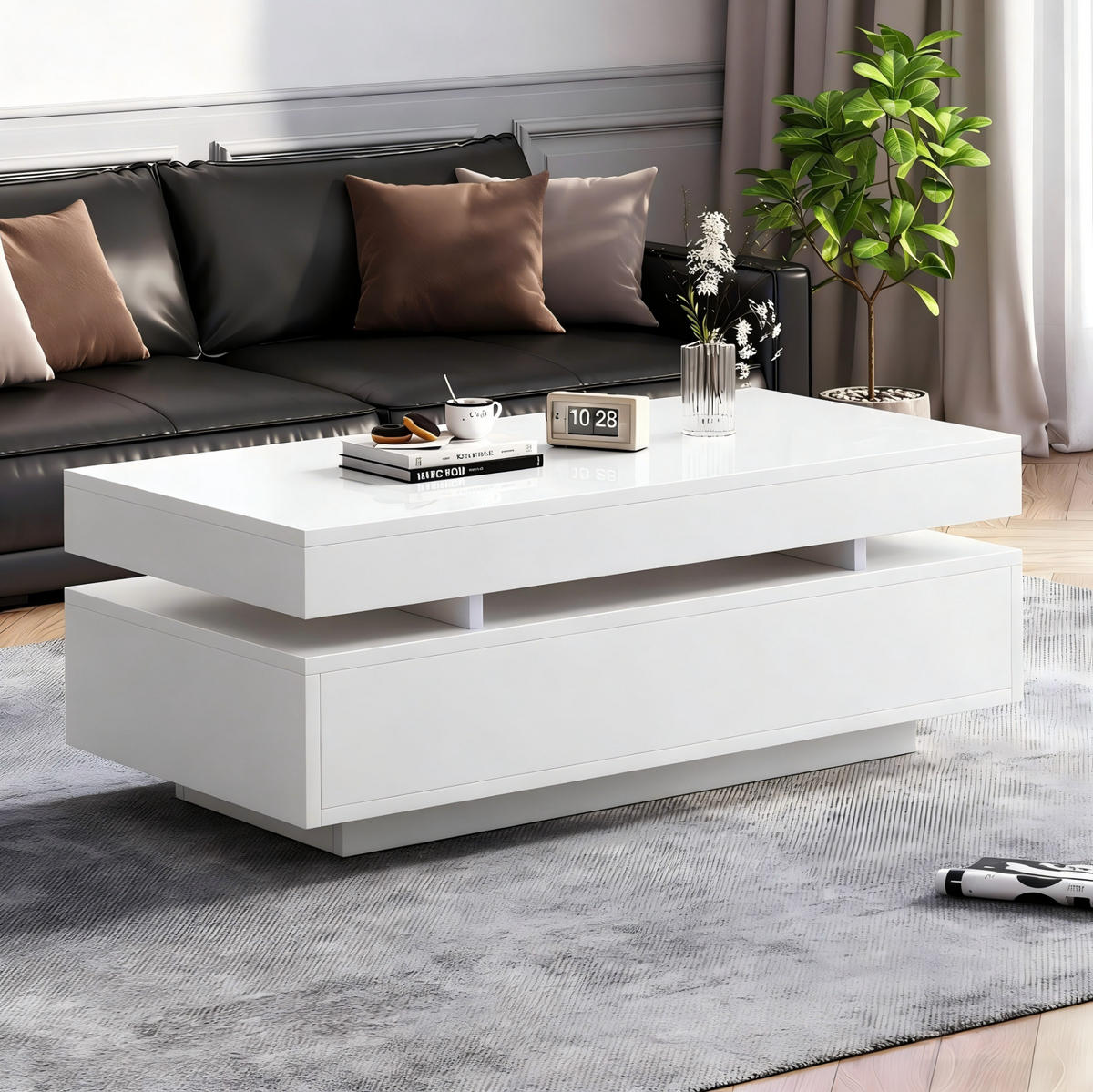 COUCHTISCH aus Spanplatte 100x50x35 cm in Weiß mit 2 Schubladen & LED - Weiß, Holzwerkstoff (100/50/35cm) - Modfu