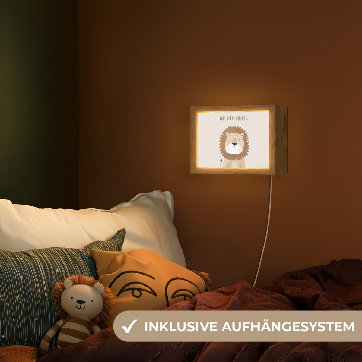 NACHTTISCHLAMPE Löwe - Beige - Tier - Mutig - Zitat 20x15 cm - Beige, Holzwerkstoff (8/20/15cm)