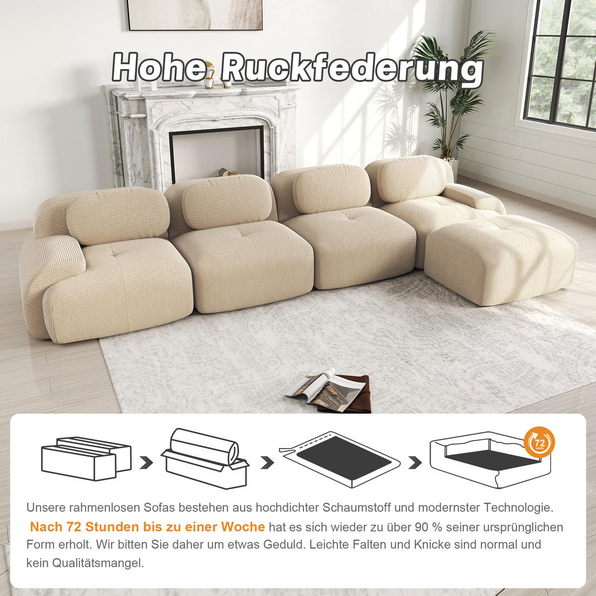 ECKSOFA 388/178/70 cm Beige Cord mit extra-breiten Armlehnen, Rahmenloses - Beige, Textil (388/178cm) - Oxeza