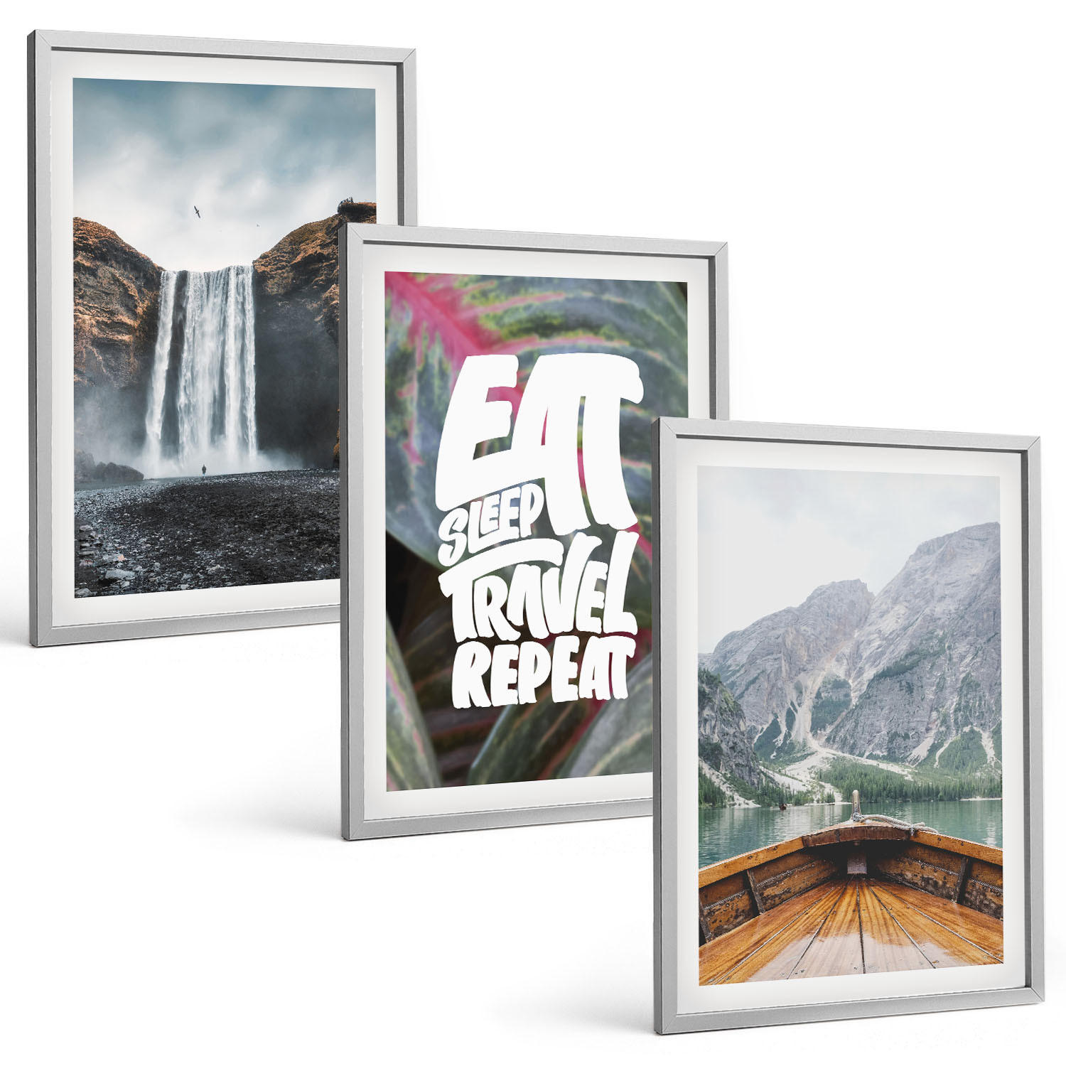 BILDER SET 3er Set - 40x60 cm Silberner Rahmen - Wasserfall Berge Natur Boot - Silberfarben, Kunststoff (40/60cm) - TULUP
