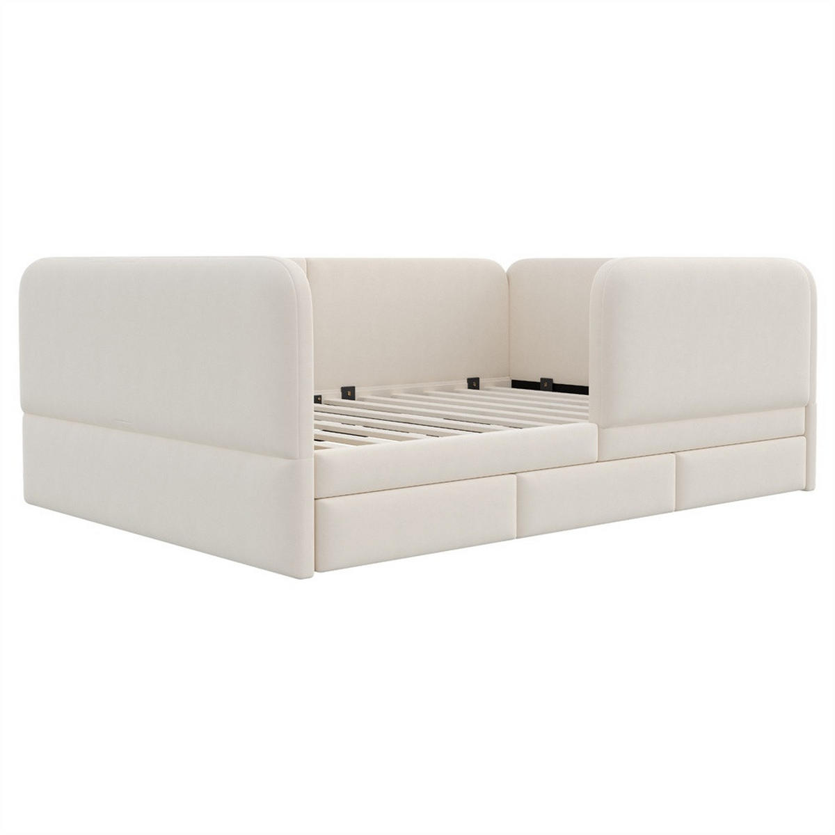 POLSTERBETT 140x200 cm mit Rundum-Sicherheitsumrandung & 3 Schubladen - Beige - Samt - ohne Matratze - Beige, Textil (140/200cm) - DELFA