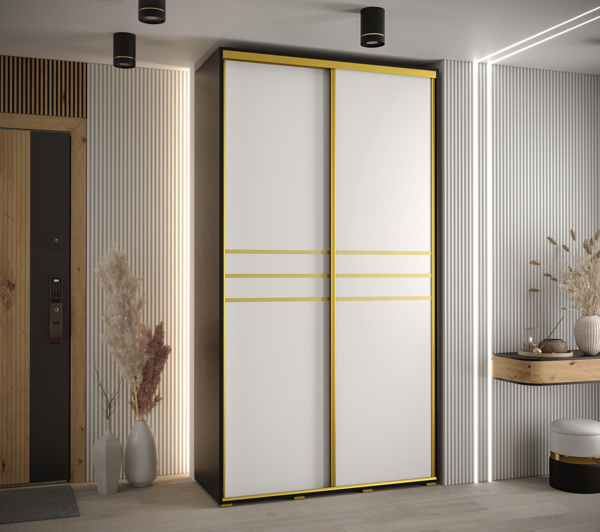 SCHWEBETÜRENSCHRANK 235,2/140/60 2-türig - Goldfarben/Schwarz, Holz/Metall (140/235/60cm) - Abiks Möbel