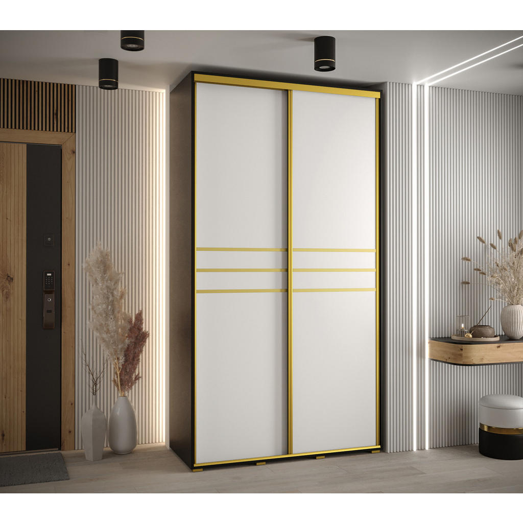 Thumbnail - Abiks Möbel Schwebetürenschrank, Schwarz, Weiß, Gold, Metall, Nachbildung, 6 Fächer, 140x235x60 cm, Schlafzimmer, Kleide...
