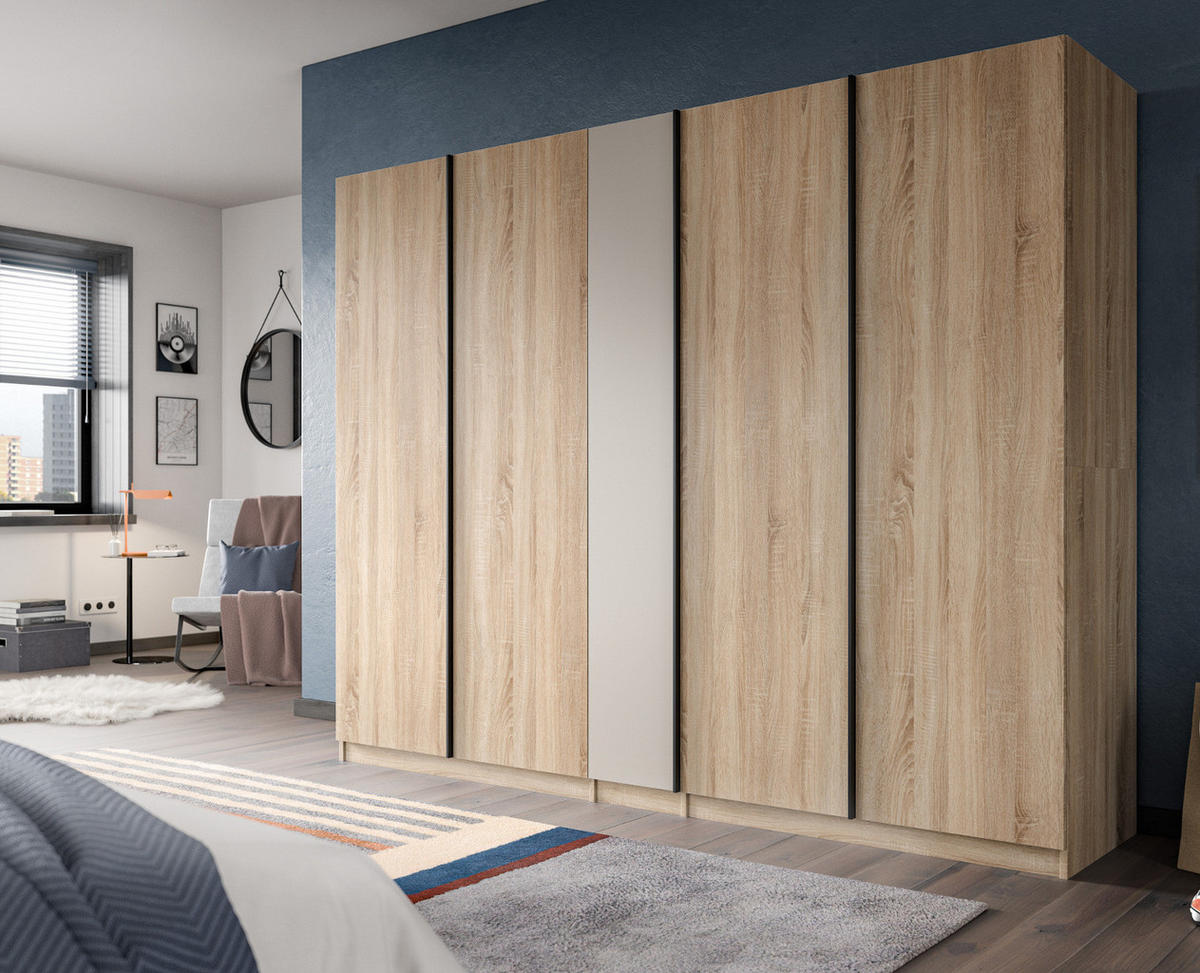 KLEIDERSCHRANK Eiche Sonoma, Kaschmir 5-türig 230 x 183 cm, Drehtürenschrank mit 2x Schubkasteneinsatz - Kaschmir/Eichefarben, Holzwerkstoff/Kunststoff (230/183/53cm) - Inn.Furn