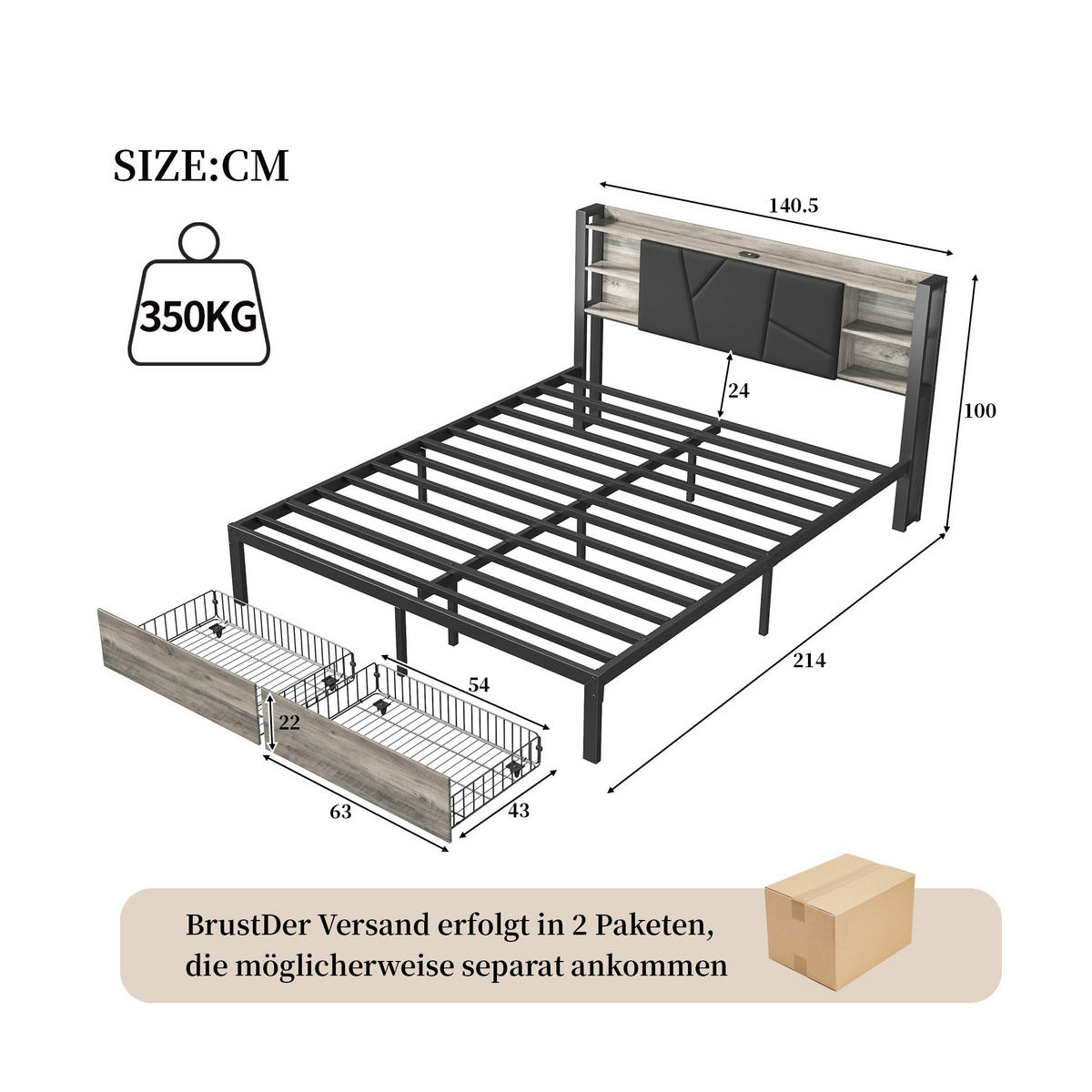 METALL-POLSTERBETT 140x200 cm Industrial Smart Charge mit RGB-LED, Ladestation und 2 Schubladen, Schwarz PU-Leder & Holz-Optik - Schwarz, Metall (140/200cm) - DELFA