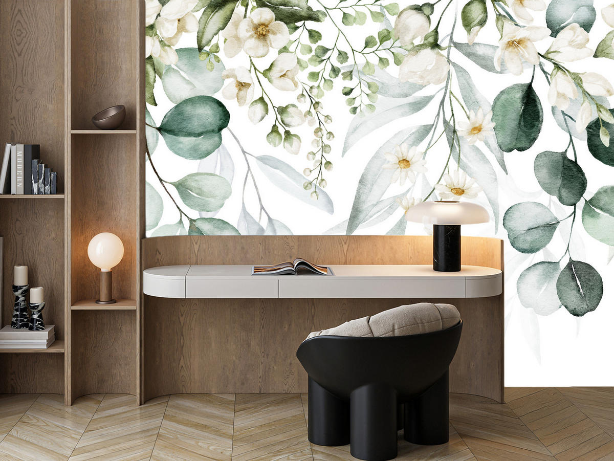 FOTOTAPETE für Schlafzimmer Aquarell Blätter Blumen Weiß 500x350 - Gelb/Weiß, Papier (500/350cm) - Muralo