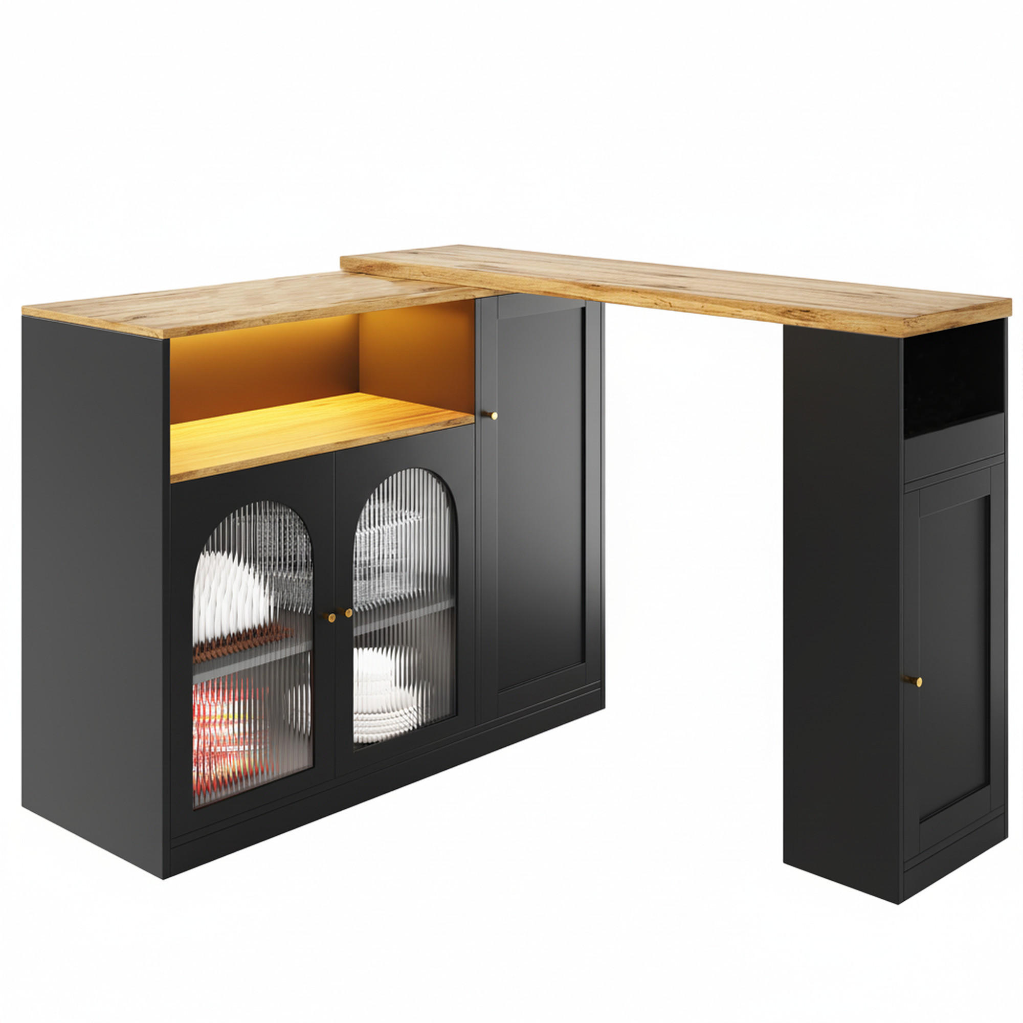 MASA de bar rotativa la 360°, finisaj din lemn si negru, cu iluminare LED si vitrina