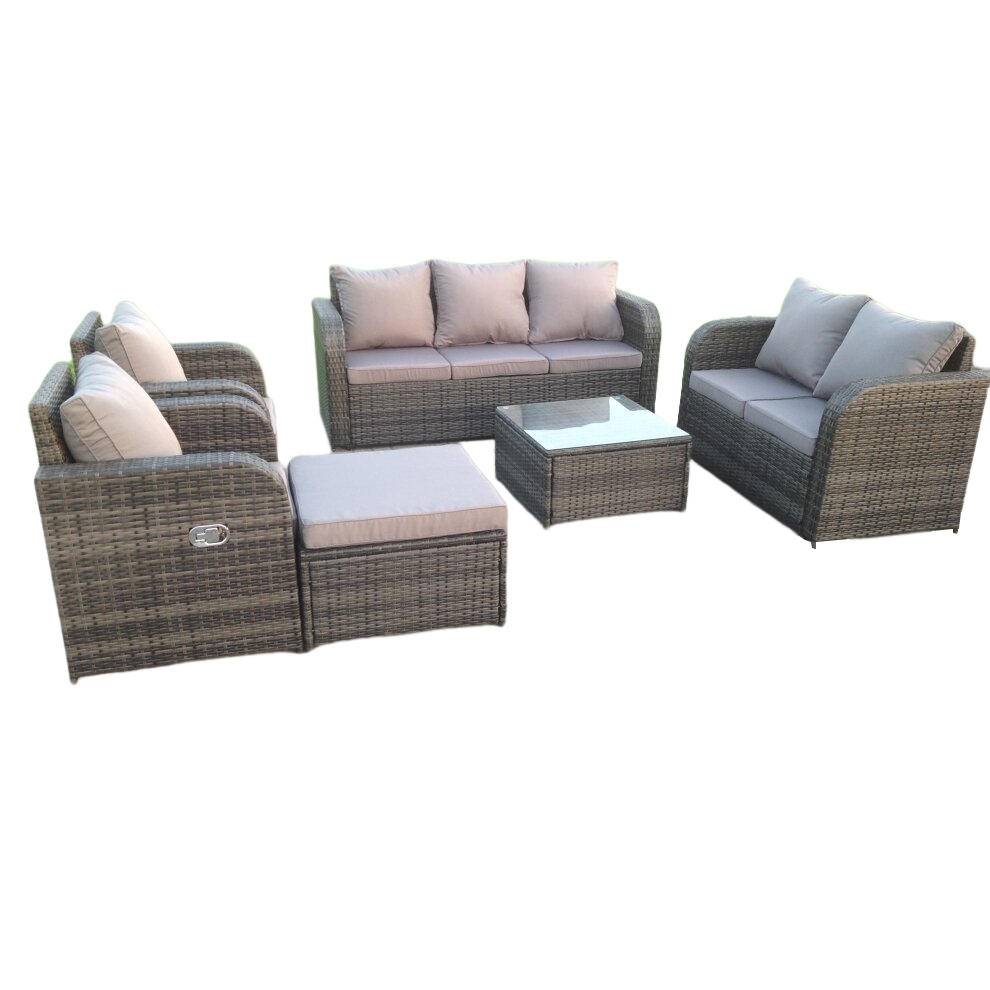 GARTENMÖBEL SET MIT LIEGESTUHL Polyrattan Outdoor 8-Sitzer - Dunkelgrau/Grau, Glas/Kunststoff - Fimous