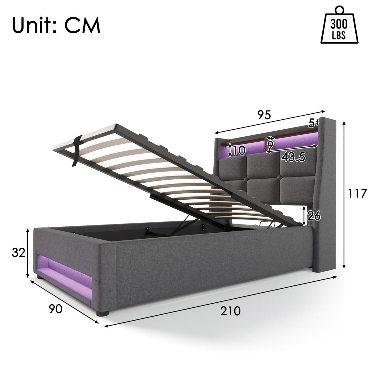 POLSTERBETT mit Stauraum, USB und LED 90x200 cm Leinen Grau - Grau, Metall (90/200cm) - Meubliv