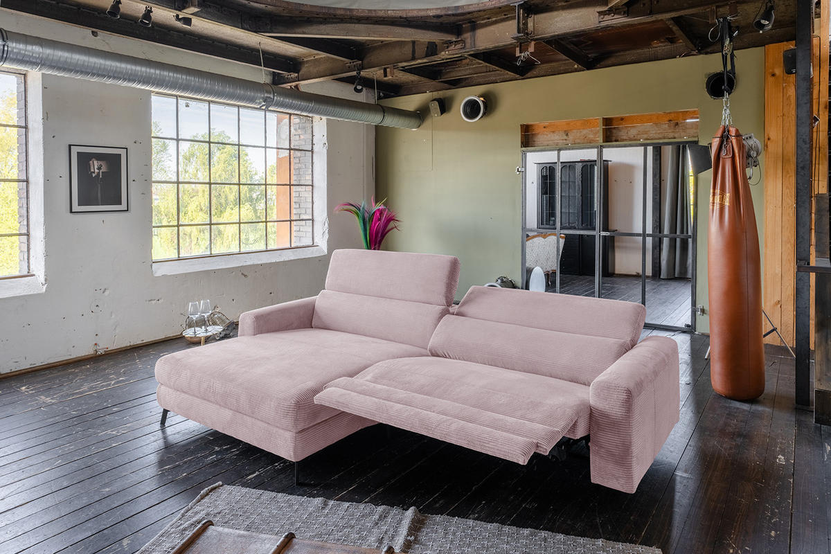 ECKSOFA LAISKA Pink Cord Relaxfunktion - Pink/Schwarz, Textil/Metall (282/177cm) - KAWOLA