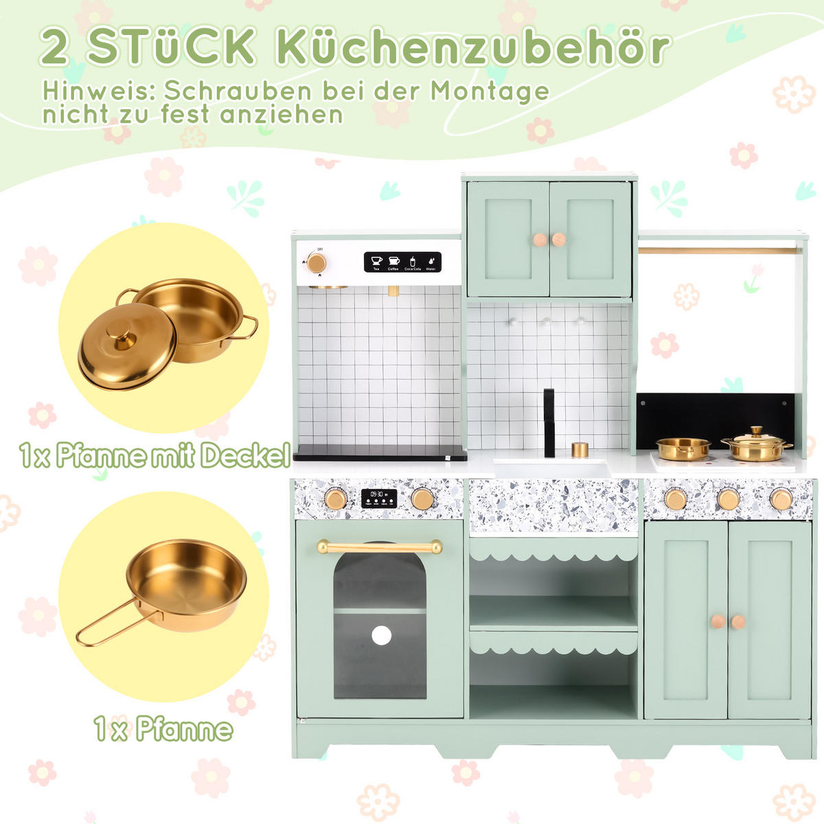 KINDERKÜCHE Grün – Spielküche mit Zubehör & Soundeffekten, kreatives Design, Holz/Kunststoff, ab 3 Jahren 30x90x98cm - Grün, Holzwerkstoff (90/30/98cm) - Ej. Life