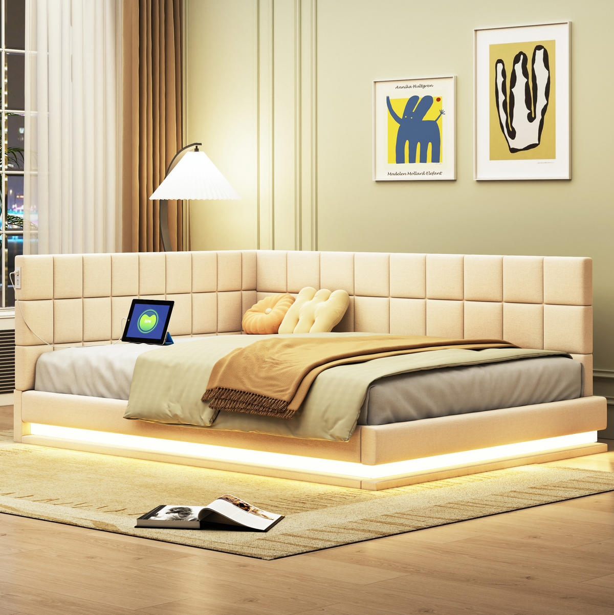 ČALOUNĚNÁ postel 140/200 cm béžová z lnu s LED osvětlením USB zásuvkou a roštem - béžová, kůže (140/200cm) - OKWISH