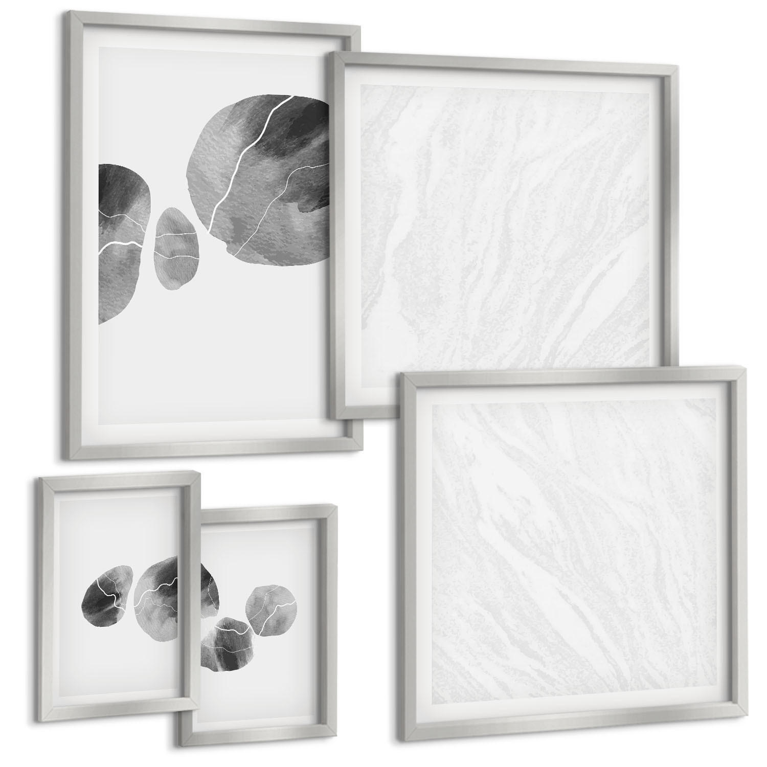 BILDER SET 5er Set - 50x50 cm & 20x30 cm & 40x60 cm Silberner Rahmen - Abstrakte Kunst, Farbspritzer - Silberfarben, Kunststoff (40/60cm) - TULUP