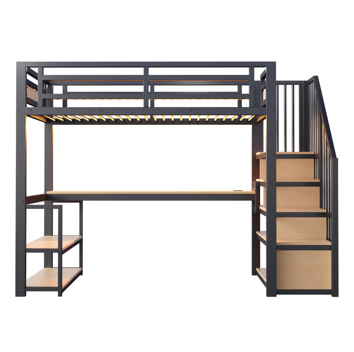 VYSOKÁ posteľ 90/200 cm čierna s úložnými schodíkmi, policami a stolom z kovu a MDF - čierna, kov (90/200cm) - OKWISH