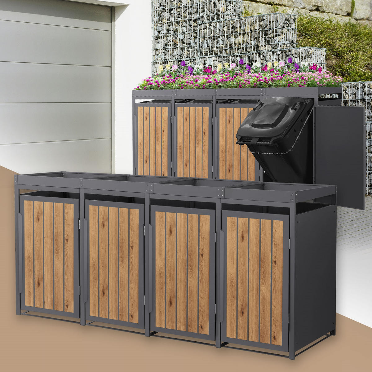 MÜLLTONNENBOX 4er mit Pflanzdach 240L Anthrazit-Holzoptik aus Stahl - Hellbraun, Metall (80/124/260cm) - ML-DESIGN