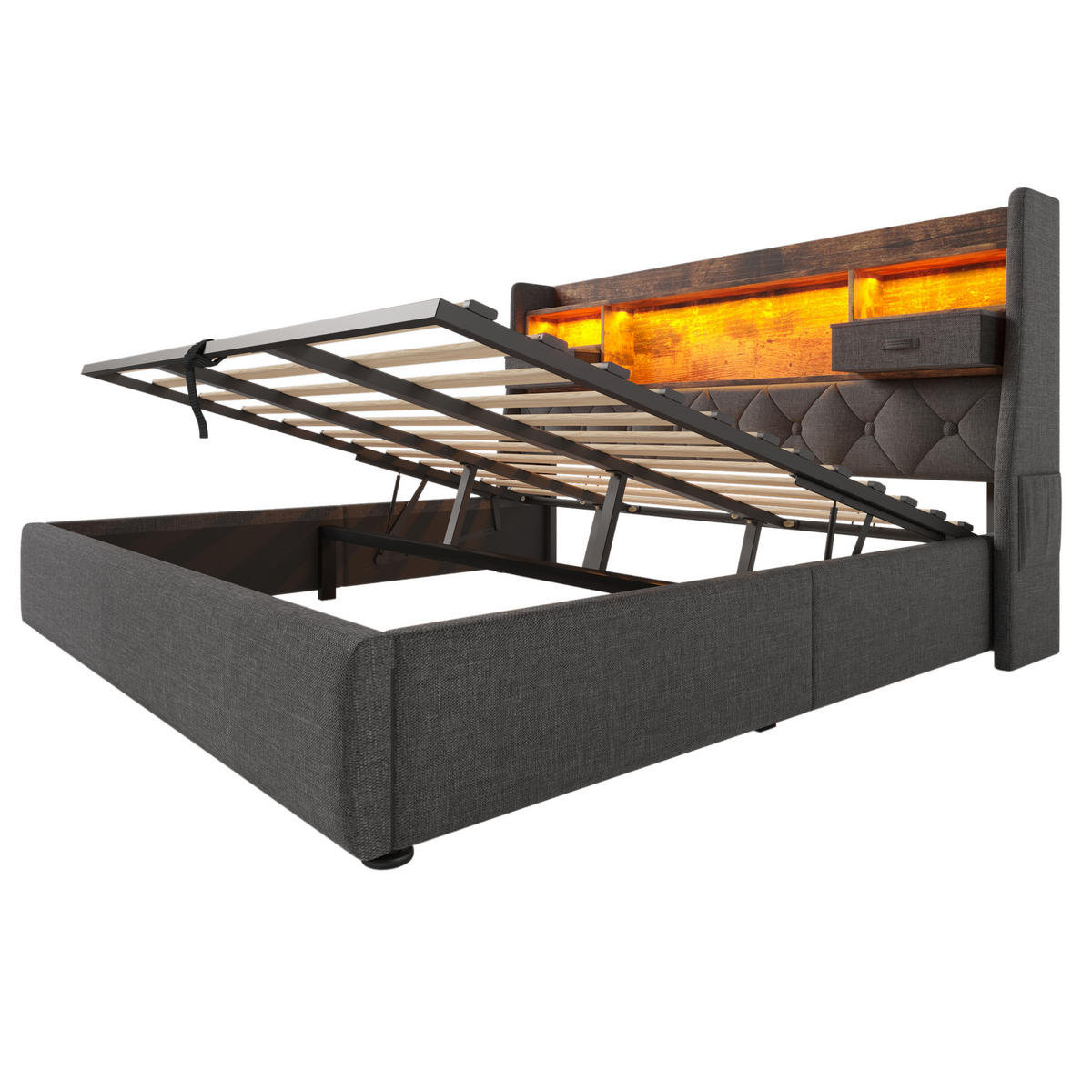 POLSTERBETT 180/200 cm mit LED, USB/Type-C und hydraulischem Bettkasten, Leinenstoff Grau - Grau, Textil (180/200cm) - Redom