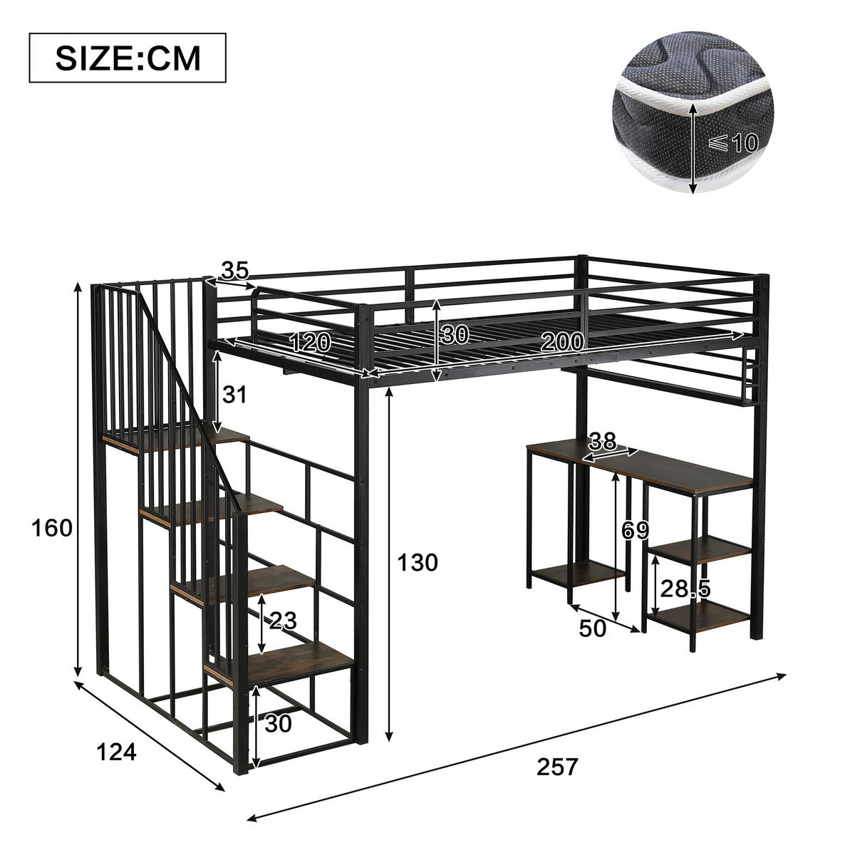 HOCHBETT 120/200 cm in Schwarz & Dunklem Walnuss mit Treppe, Schreibtisch und Regal Metall - Schwarz, Holzwerkstoff/Metall (120/200cm) - CHICFURN