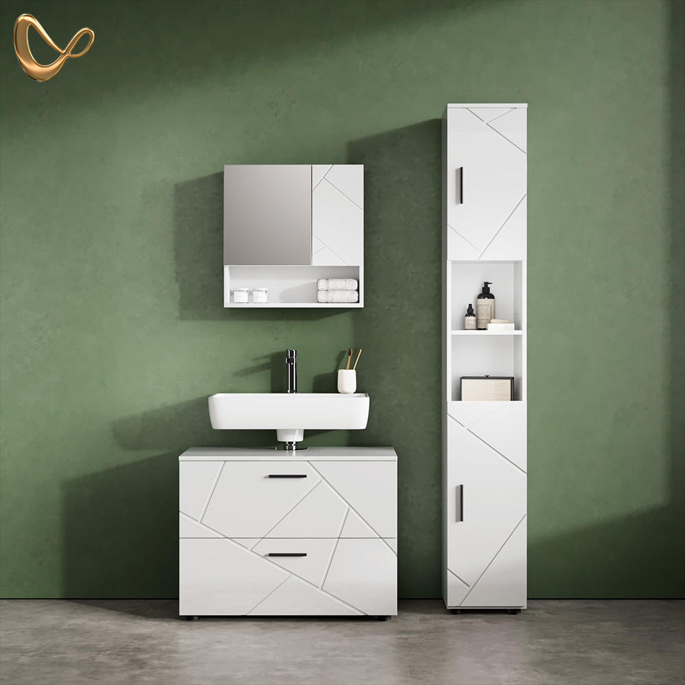 BADMÖBEL-SET Ronco Weiß Hochglanz 3 Teile, mit Schubladenschrank und Hochschrank - Weiß Hochglanz/Weiß, Holzwerkstoff (80/58/41cm) - Livinity®