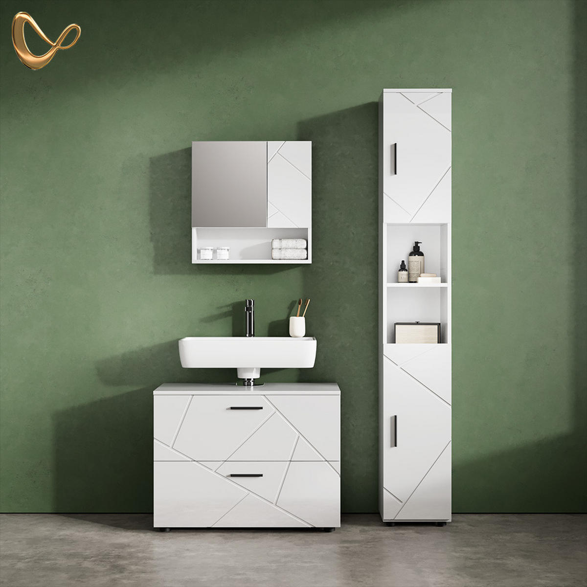 BADMÖBEL-SET Ronco Weiß Hochglanz 3 Teile, mit Schubladenschrank und Hochschrank - Weiß Hochglanz/Weiß, Holzwerkstoff (80/58/41cm) - Livinity®