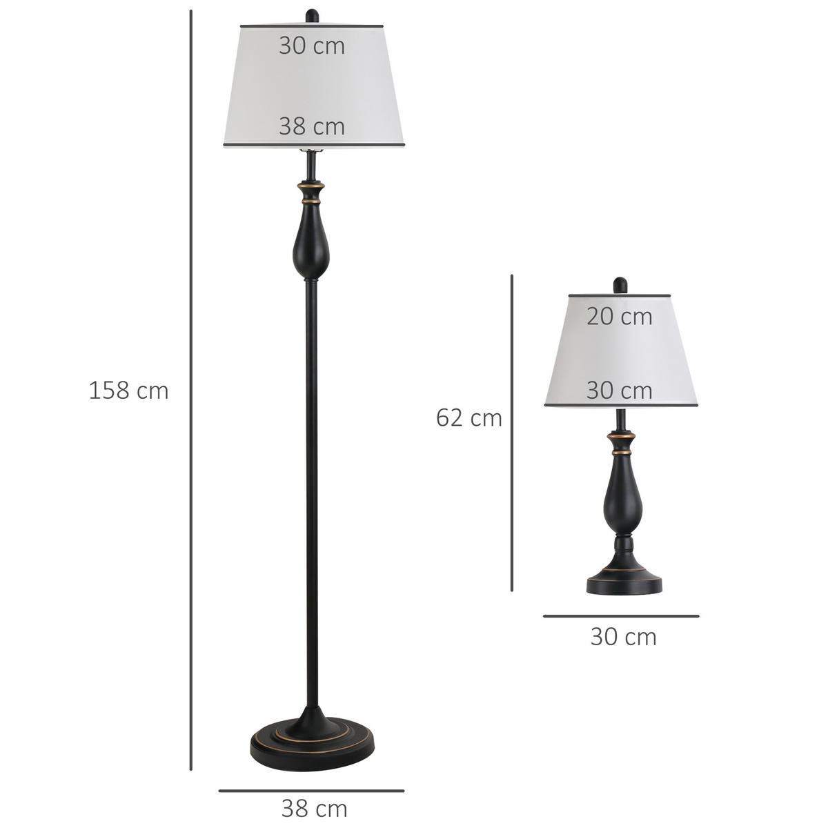LAMPENSET, 3-tlg., Schwarz+Weiß, Metall, PS - Multicolor, Metall (38/158/30cm) - HOMCOM