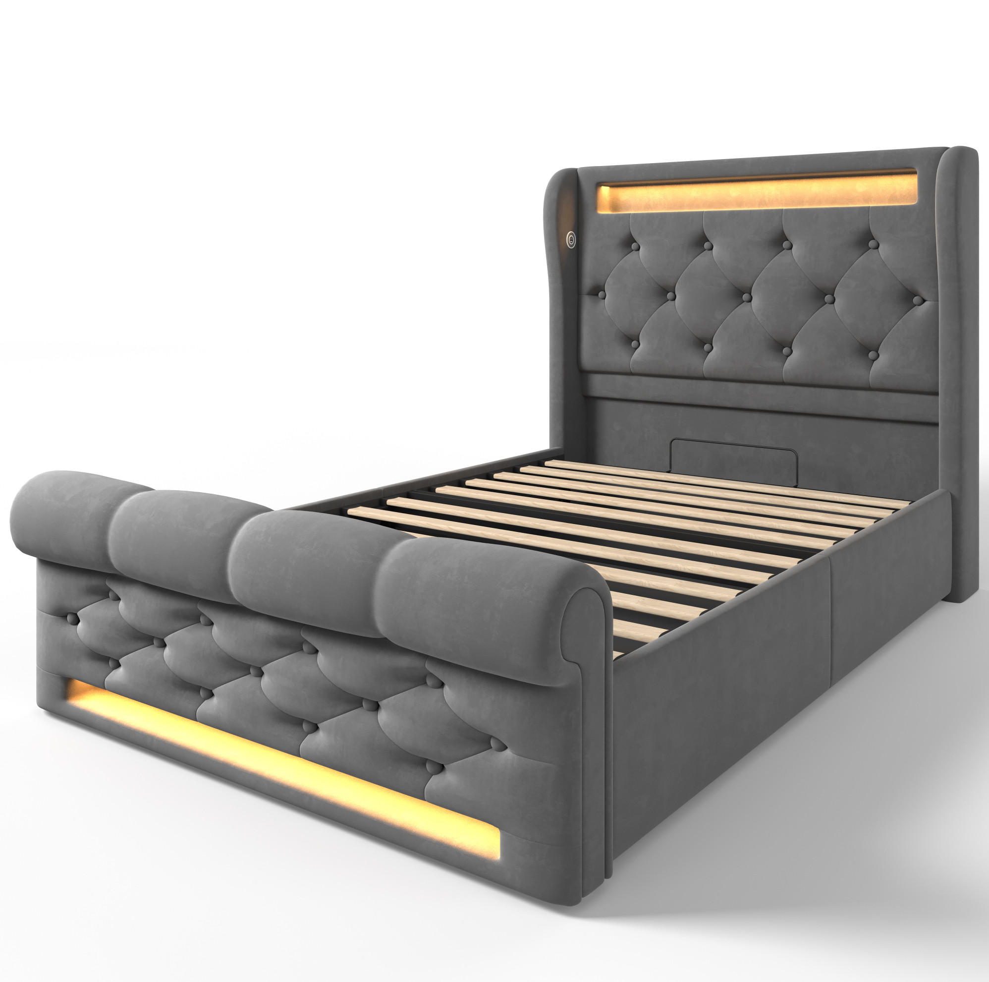 POLSTERBETT aus Samt 90x200 cm in Grau mit LED & USB-C-Ladestation - Grau, Textil (90/200cm) - Modfu