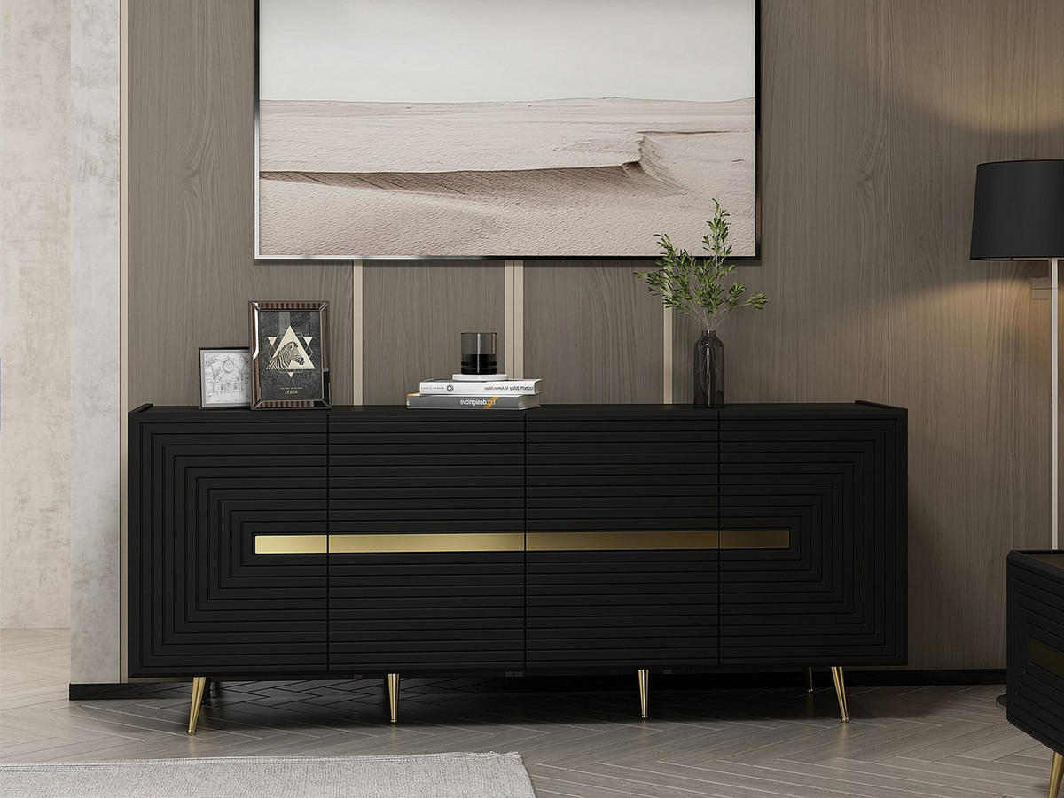 SIDEBOARD mit 4 Türen - MDF - Schwarz & Goldfarben - MOLYA - Schwarz, Holz (180/75/47cm) - Vente-Unique