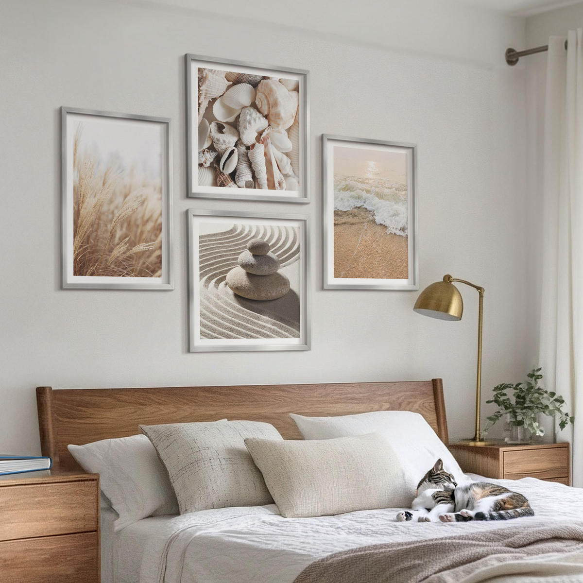 WANDBILDER 4er Set - 50x50 cm & 40x60 cm Silberner Rahmen - Strandmotive, Muscheln, Wellen - Silberfarben, Kunststoff (50/50cm) - ArtPrintCave