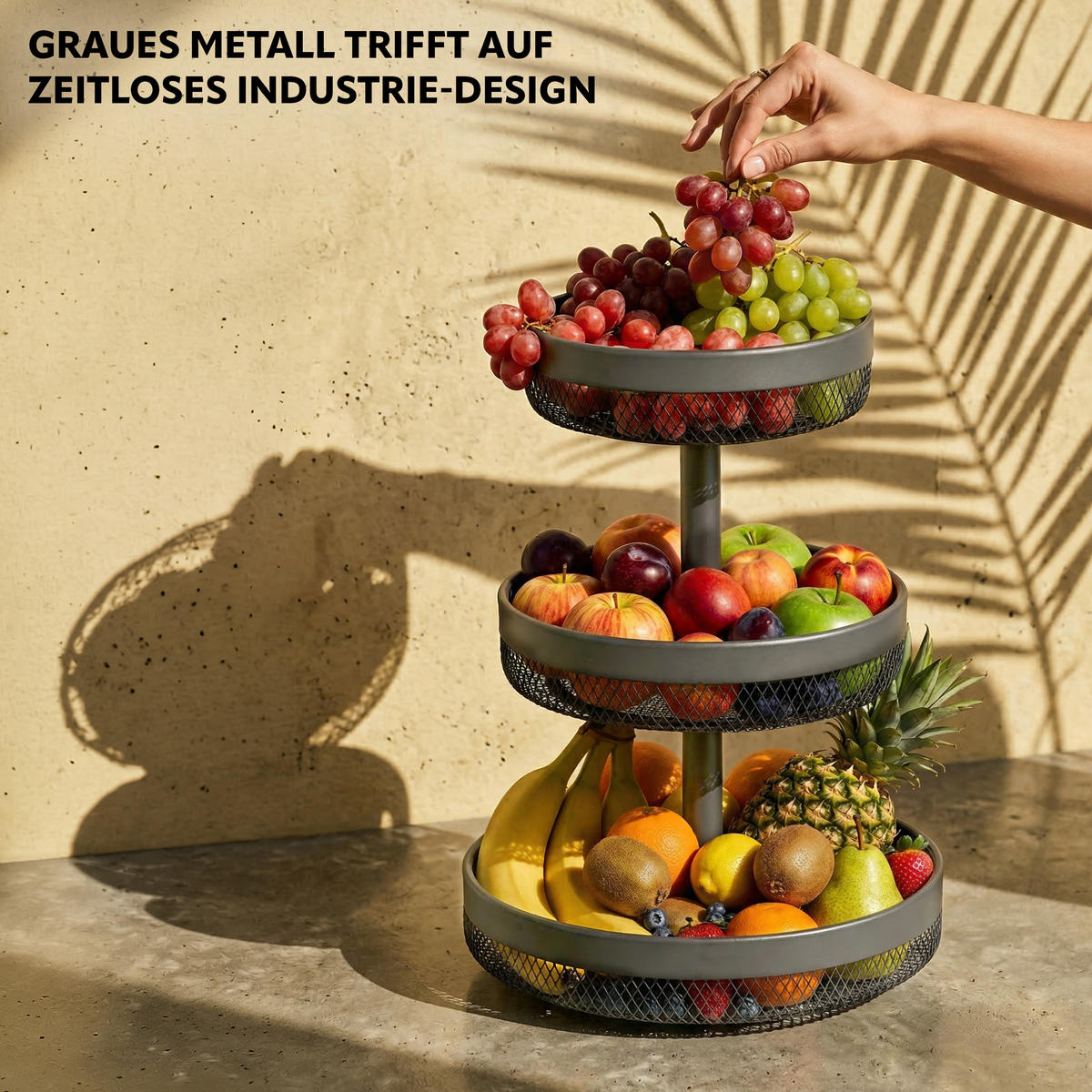 OBSTETAGERE rund, 3-stöckig, Ø 20 cm, 25 cm und 30 cm, grau, Metall - Grau, Metall (42cm) - eluno