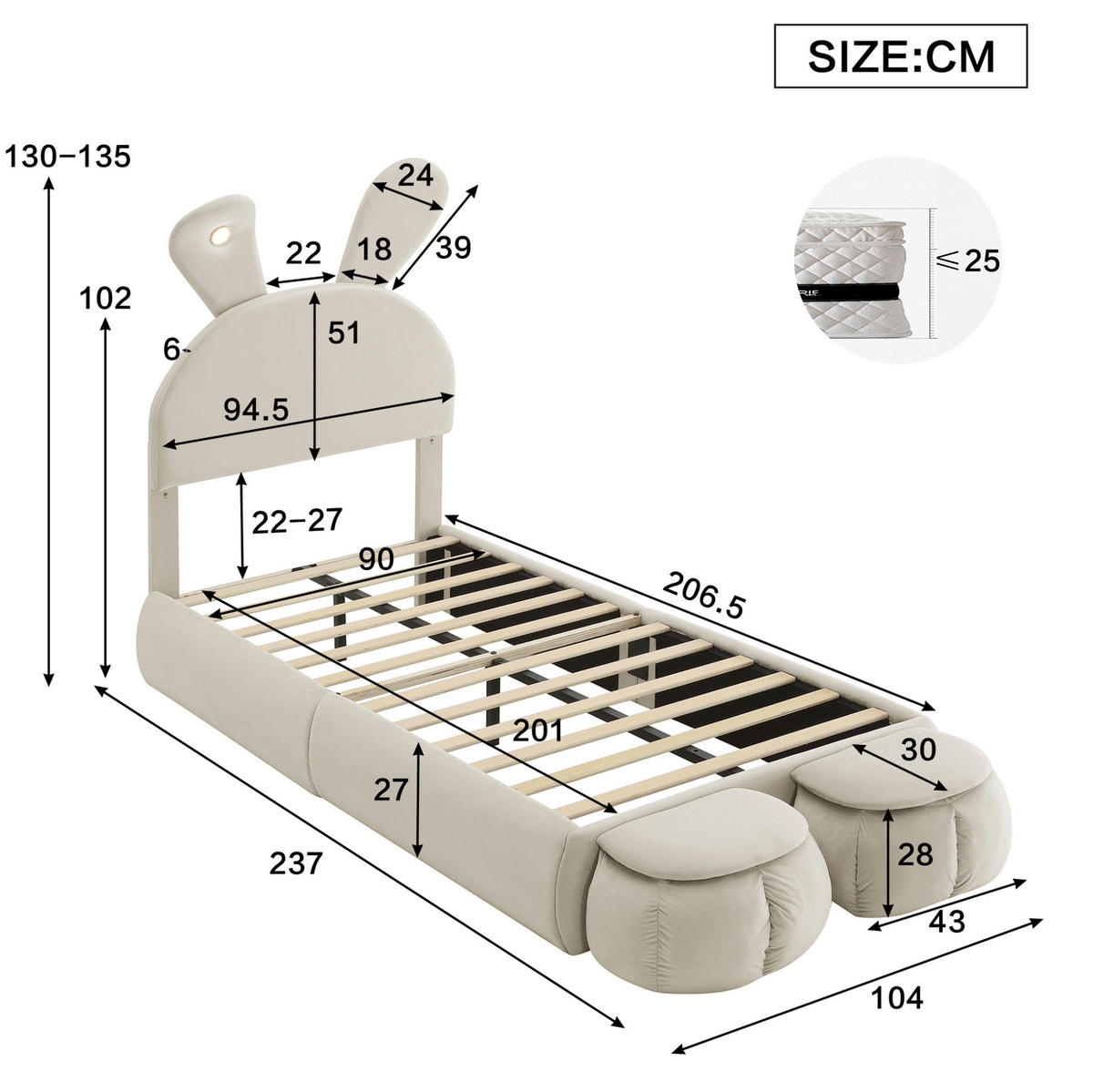 POLSTERBETT 90/200 cm mit LED-Beleuchtung, 2 Aufbewahrungshockern und verstellbarem Kopfteil aus Samt, Beige - Beige, Textil (90/200cm) - Redom