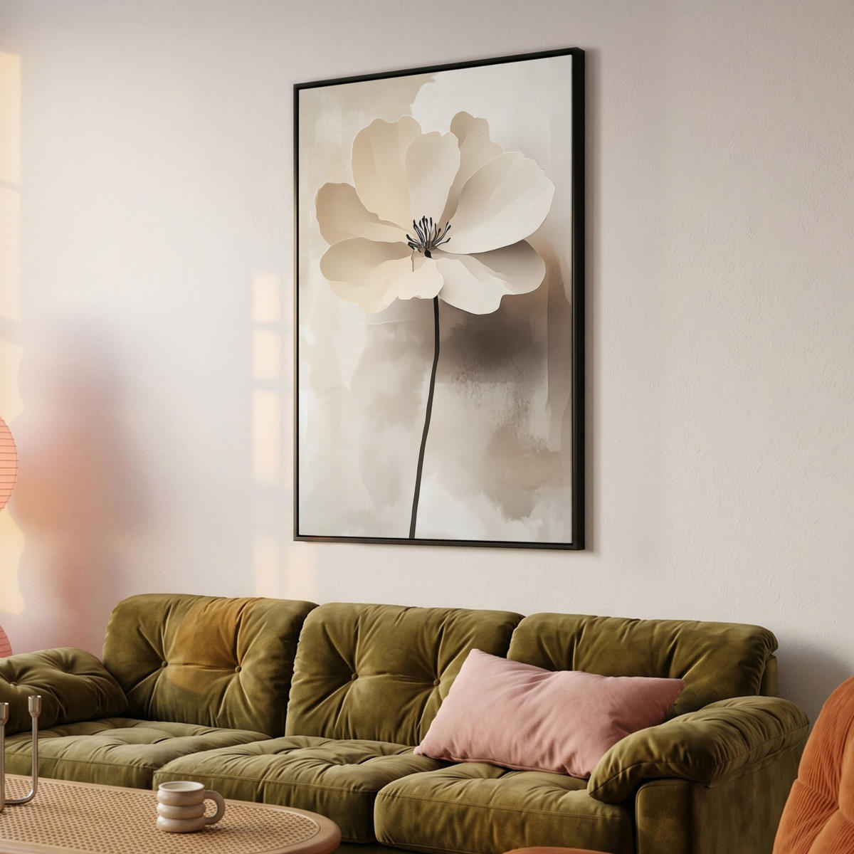 LEINWAND Bilder mit Rahmen - Blume - Beige - Farbe - Schatten - 80x120 - Creme, Textil (80/120cm) - MuchoWow