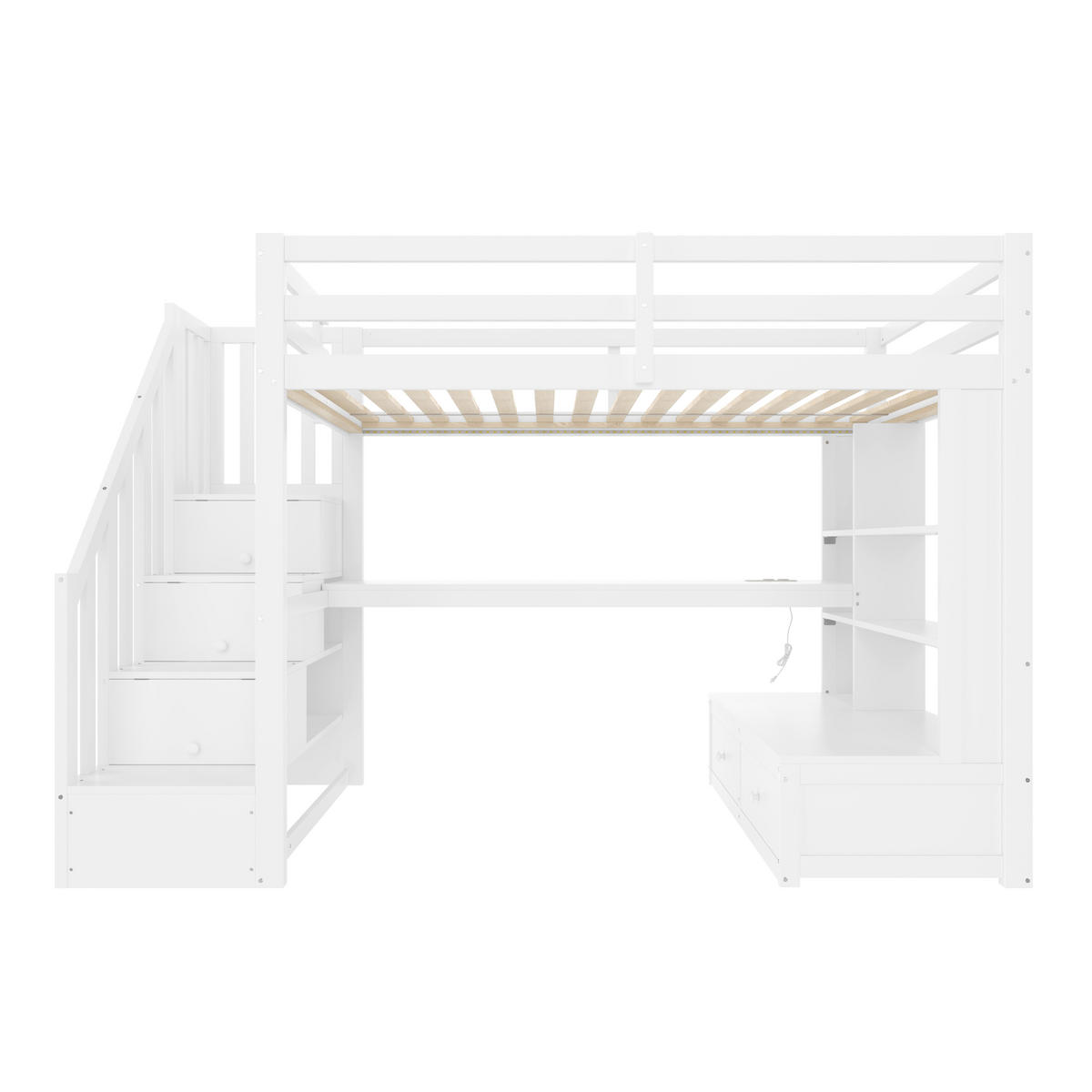 HOCHBETT 90/200 cm cm DE-03350, mit Schreibtisch, Regalen, 2 Schubladen und LED, in Weiß - Weiß, Holz/Holzwerkstoff (90/200cm) - ComfortXL