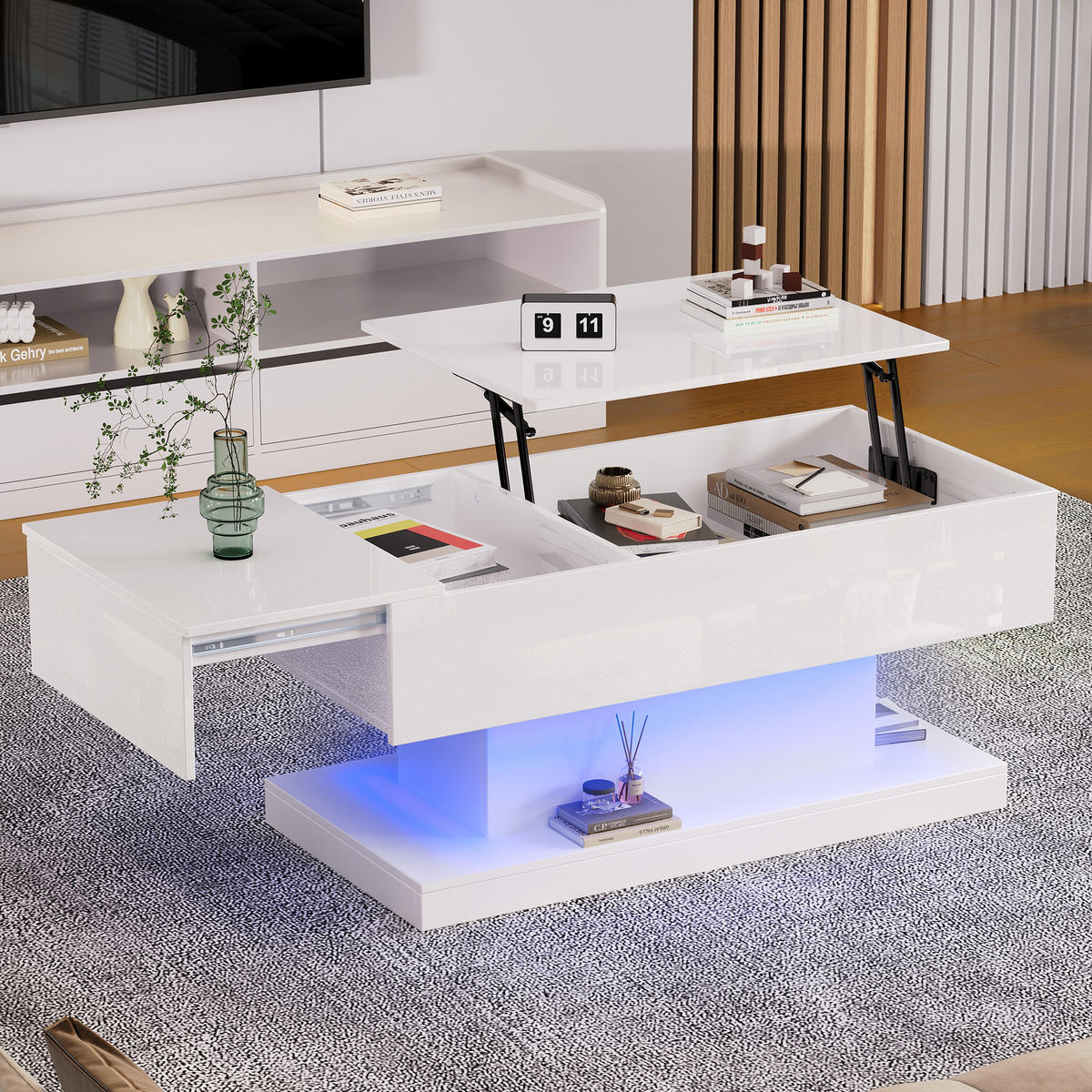 COUCHTISCH Couchtisch mit Lift und Schiebefunktion, LED, Stauraum hydraulisch, MDF modernes Design Weiß - Weiß, Holzwerkstoff/Metall (100/50/45cm) - EVRYAE