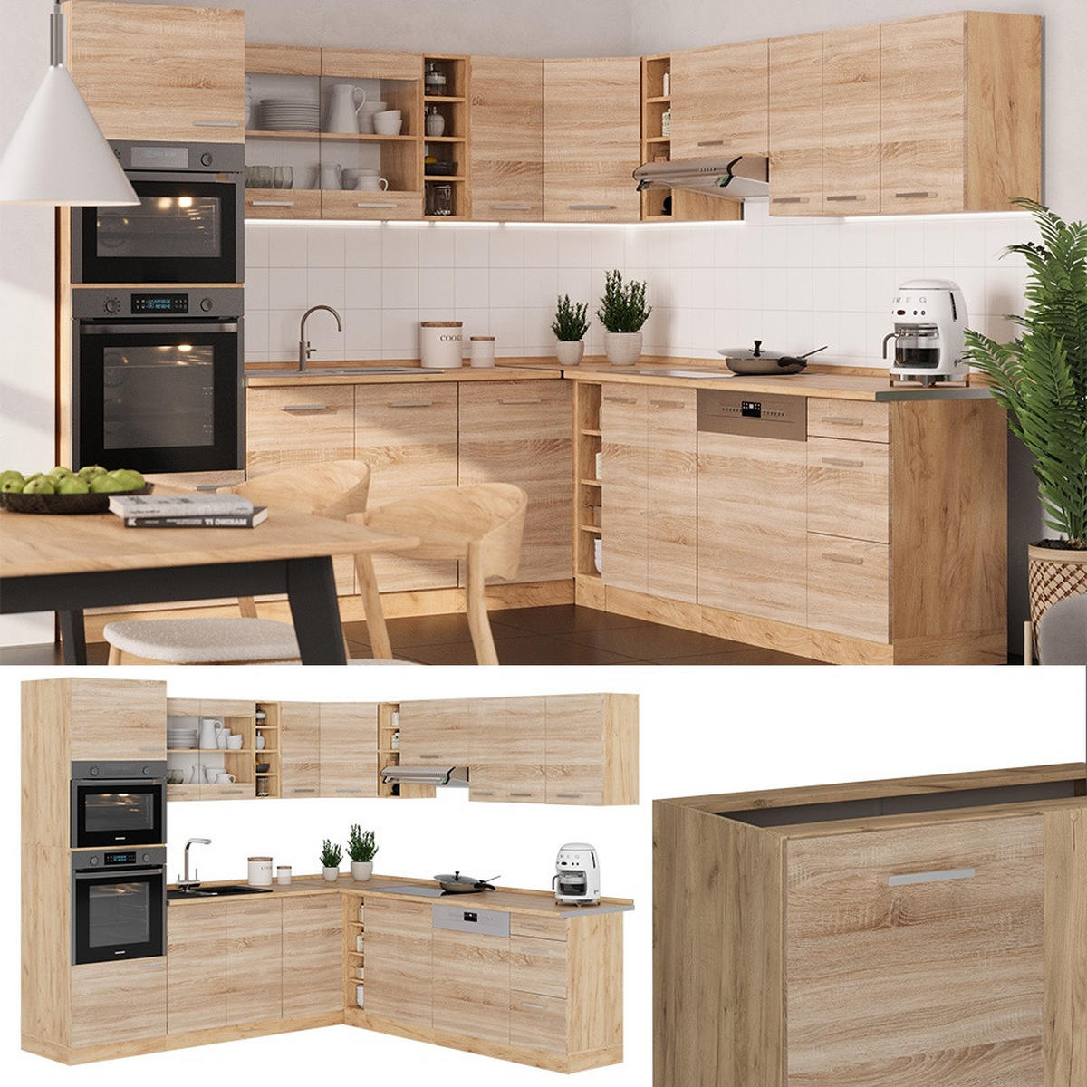 ECKKÜCHE R-Line, Sonoma/Goldkraft Eiche, 247 x 237 cm, AP Marmor - Honigeiche/Sonoma Eiche, Holzwerkstoff (247/206.8/60cm) - Vicco