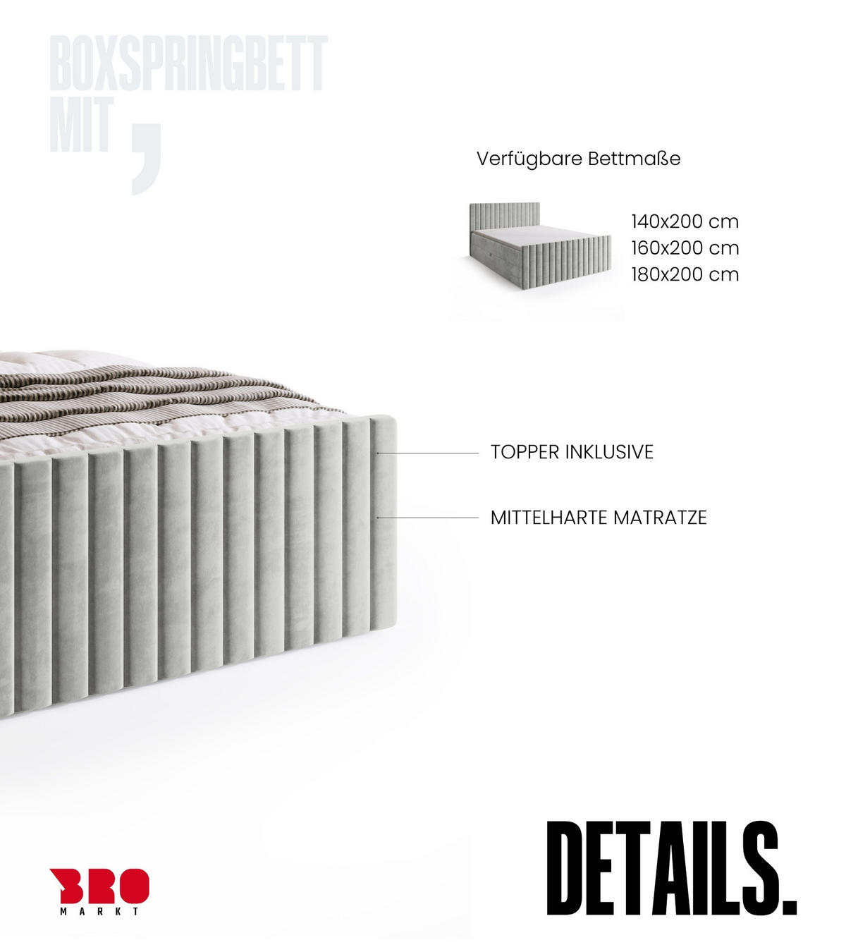 BOXSPRINGBETT Dream Duo mit Topper 160/200 Grau - Hellgrau, Kunststoff (160/200cm) - Bromarkt