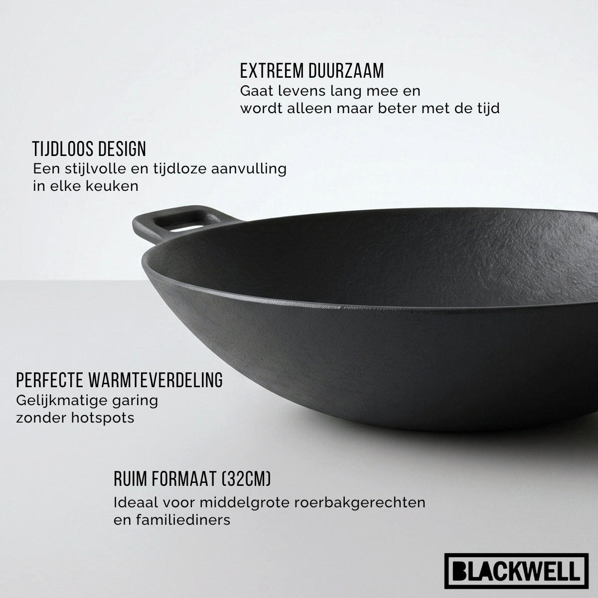 WOKPFANNE Gusseisen Ø 32 cm / 3.3 Liter – ohne Antihaftbeschichtung – geeignet für alle Wärmequellen - Schwarz, Keramik (32cm) - Blackwell
