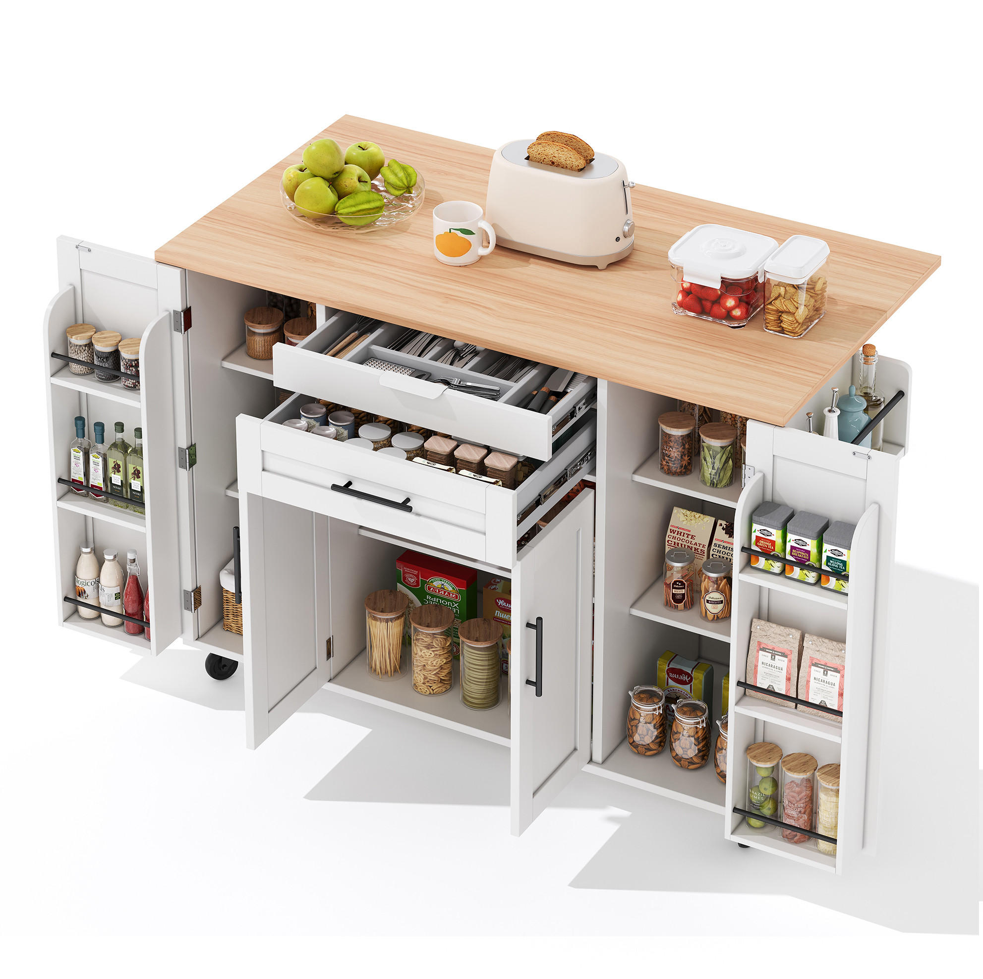 KÜCHENINSEL 136/70/92 cm aus MDF mit ausziehbarer Arbeitsplatte Weiß/Natur - Weiß, Holzwerkstoff (136/92/70cm) - Modenvie