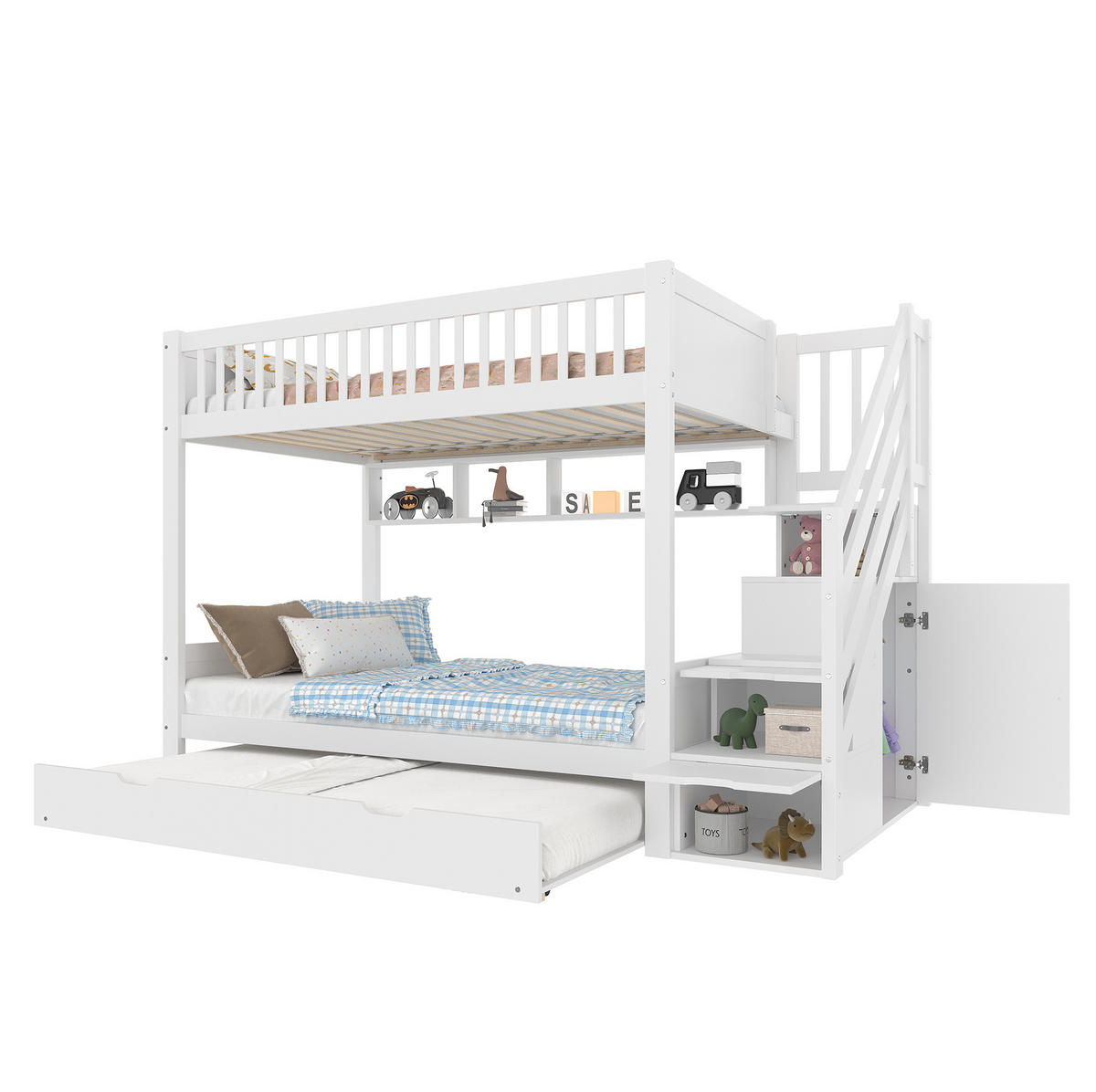 ETAGENBETT aus Kiefernholz und MDF 90x200 cm Weiß mit Ausziehbett, Stauraumtreppe und Kleiderschrank - Weiß, Holzwerkstoff (90/200cm) - IVMEU