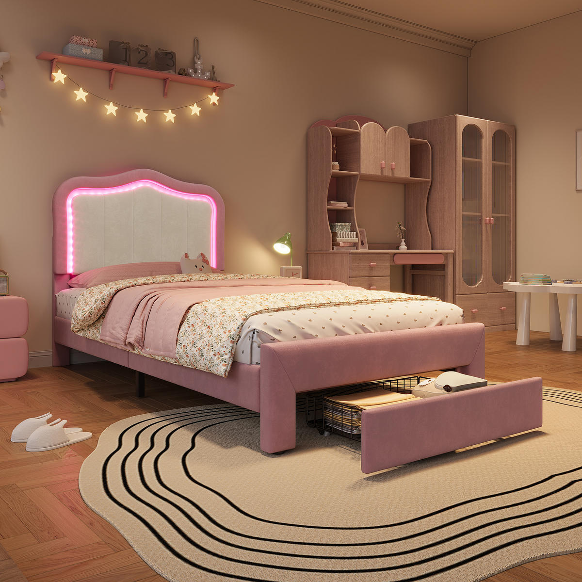 POLSTERBETT 90/200 cm mit Schublade und LED, DE-41731, in Rosa - Pink, Holzwerkstoff (90/200cm) - ComfortXL