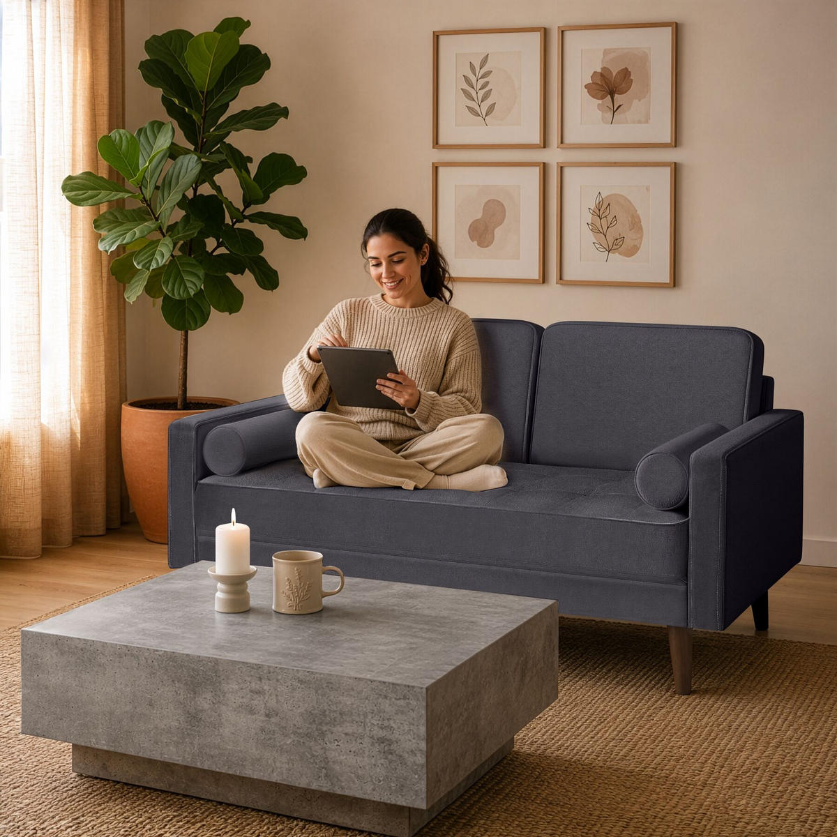SOFA Skagen, 135 x 76 x 85 cm, Samtoptik grau - Braun/Grau, Kunststoff/Textil (135/85/76cm) - tectake