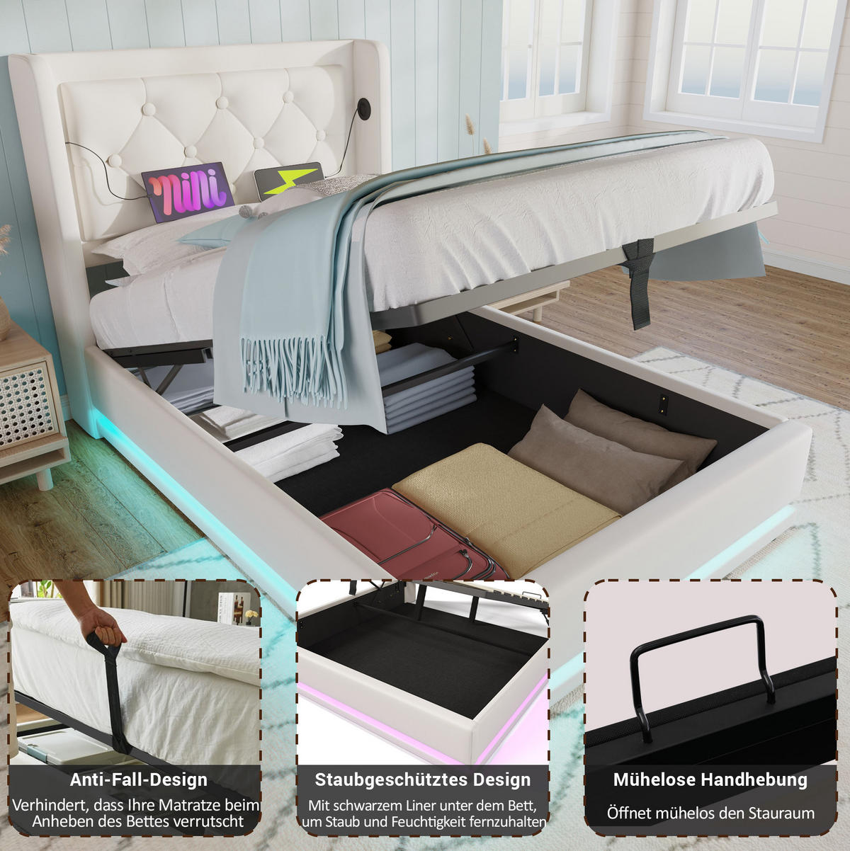POLSTERBETT 90/200 cm Weiß aus PU mit Bettkasten, USB und LED - Weiß, Kunststoff (90/200cm) - OKMYHOME