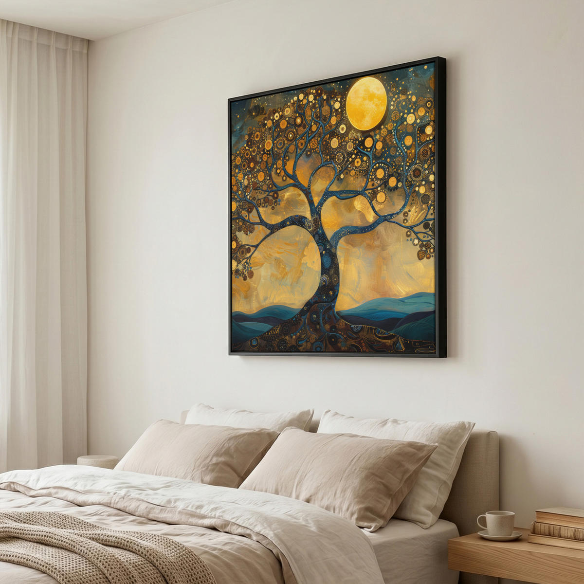 LEINWAND Bilder mit Rahmen - Baum - Mond - Blumen - Gold - Kunst - 90x90 - Orange, Textil (90/90cm) - MuchoWow