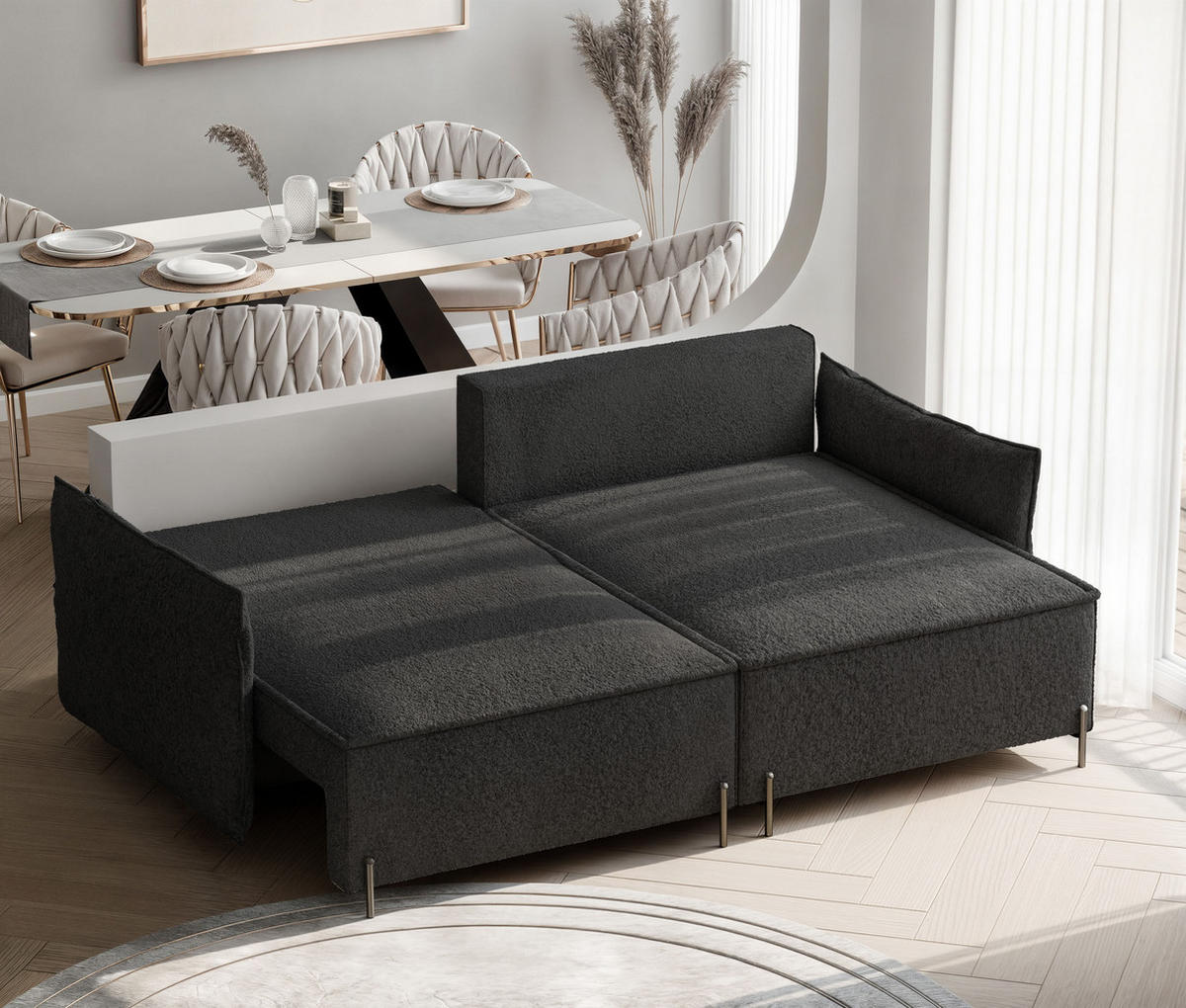 ECKSOFA MARCO Rechts, mit Schlaffunktion und Bettkasten, Anthrazit - Anthrazit, Textil/Metall (221/148cm) - Idohome