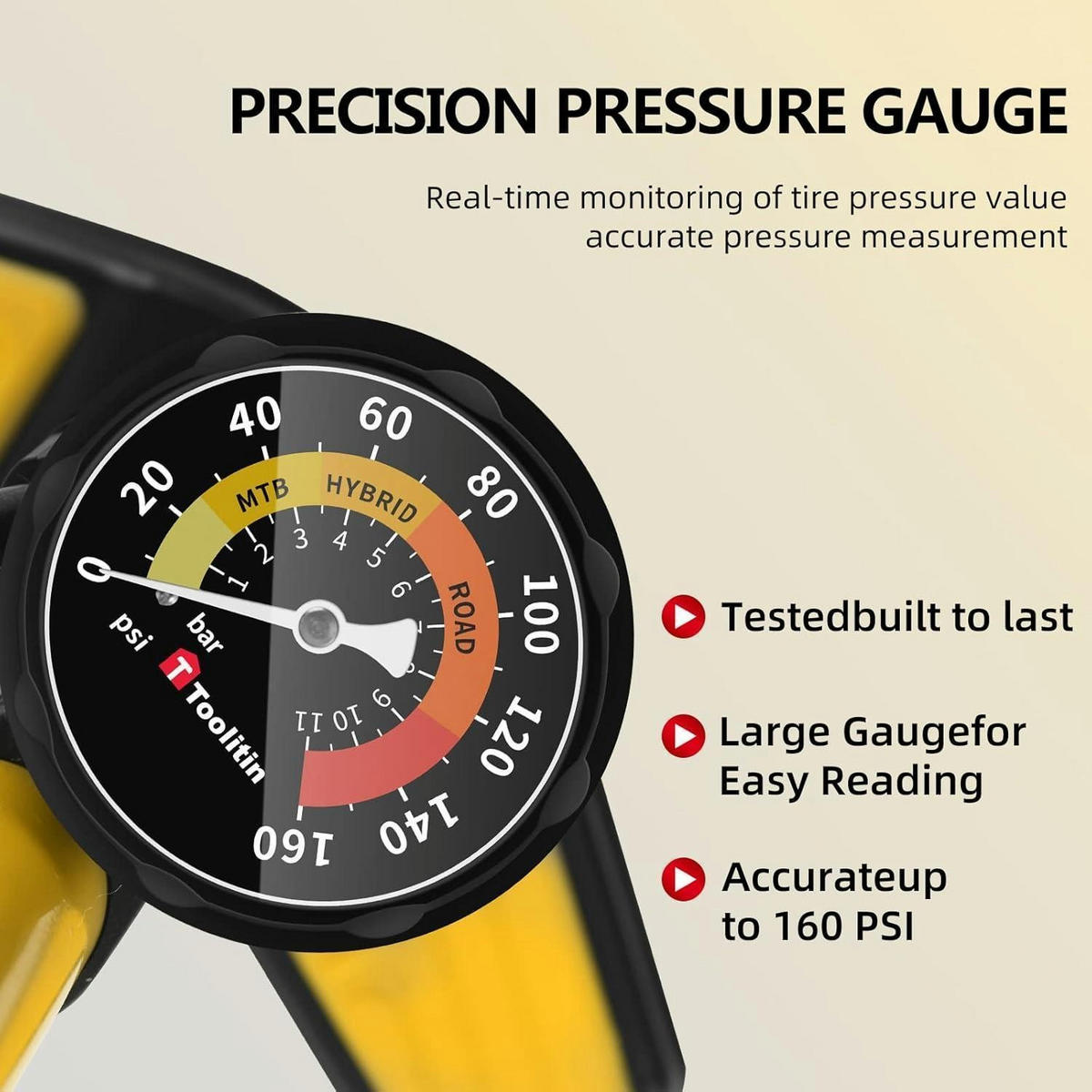 STAND-FAHRRADPUMPE mit Manometer, Hochdruck, für Presta- und Schrader-Ventile - Gelb, Metall (23.4/64.5/25.4cm)