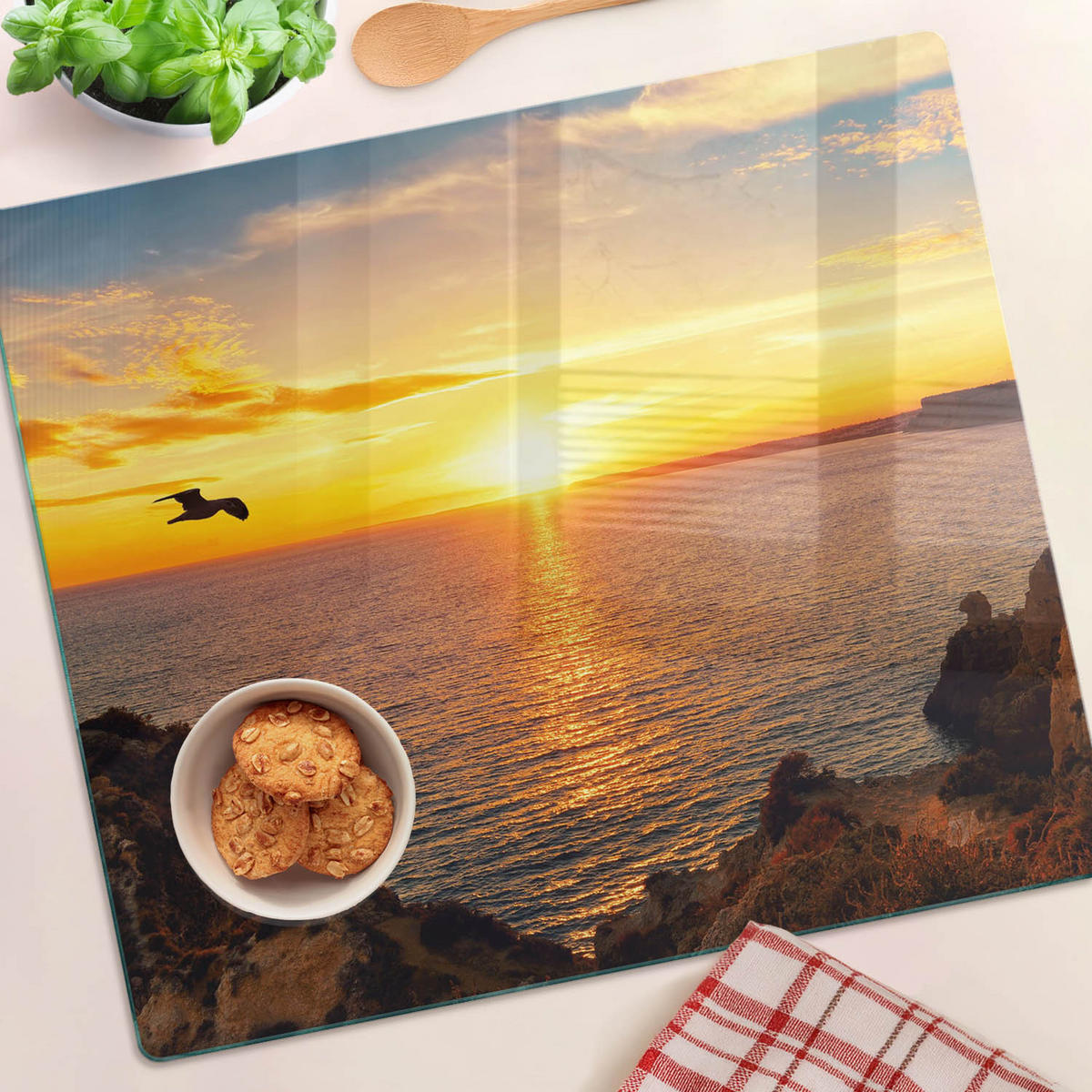GLASPLATTE 60x52 cm Sonnenuntergang über dem Meer - Gelb, Glas (60/0.4/52cm) - TULUP