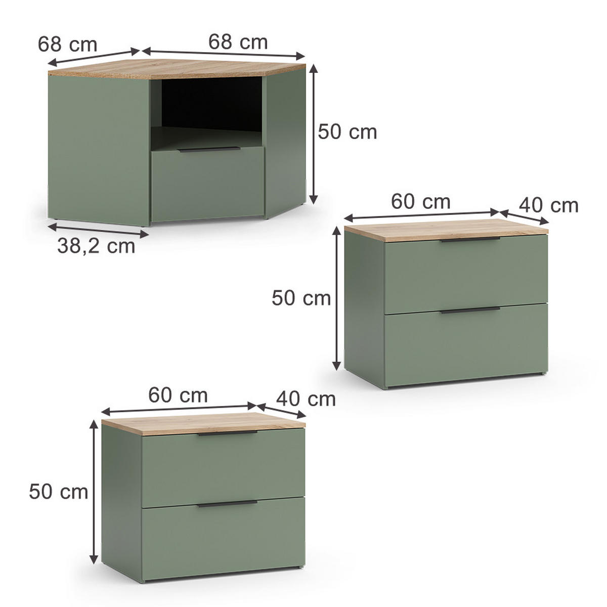 WOHNWAND Wido Grün 3 Teile - Grün/Sonoma Eiche, Holzwerkstoff (68/50/68cm) - Vicco